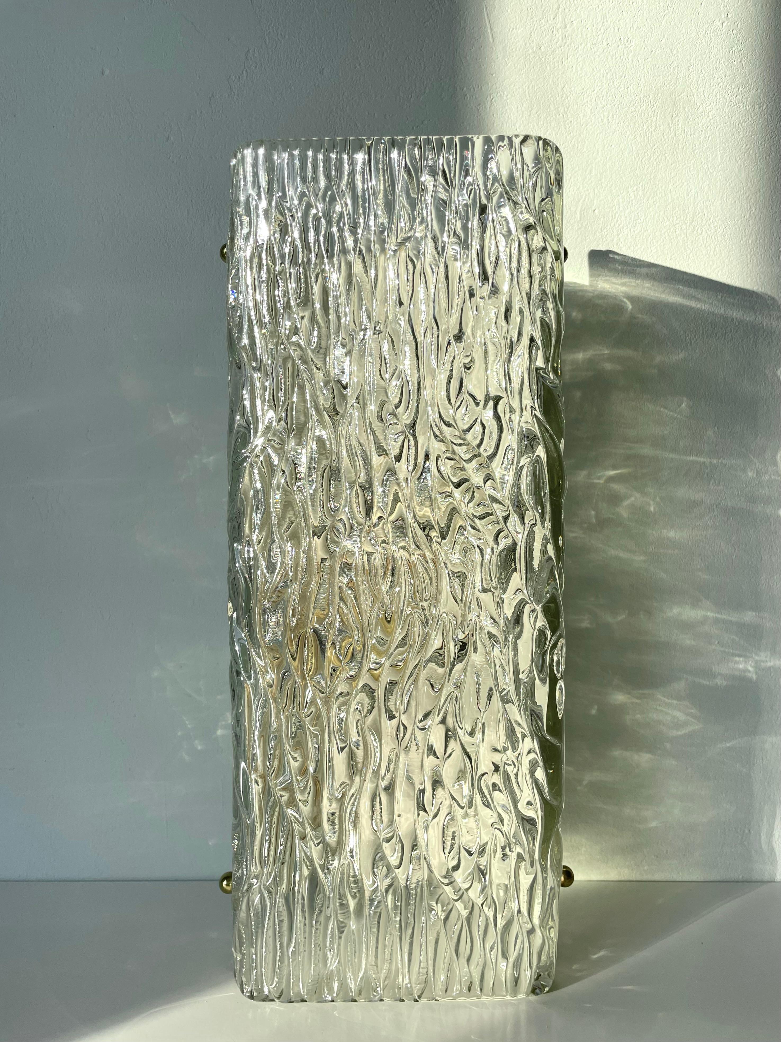 Metal Large Rectangular Textured Art Glass Wall Sconce, 1950s For Sale