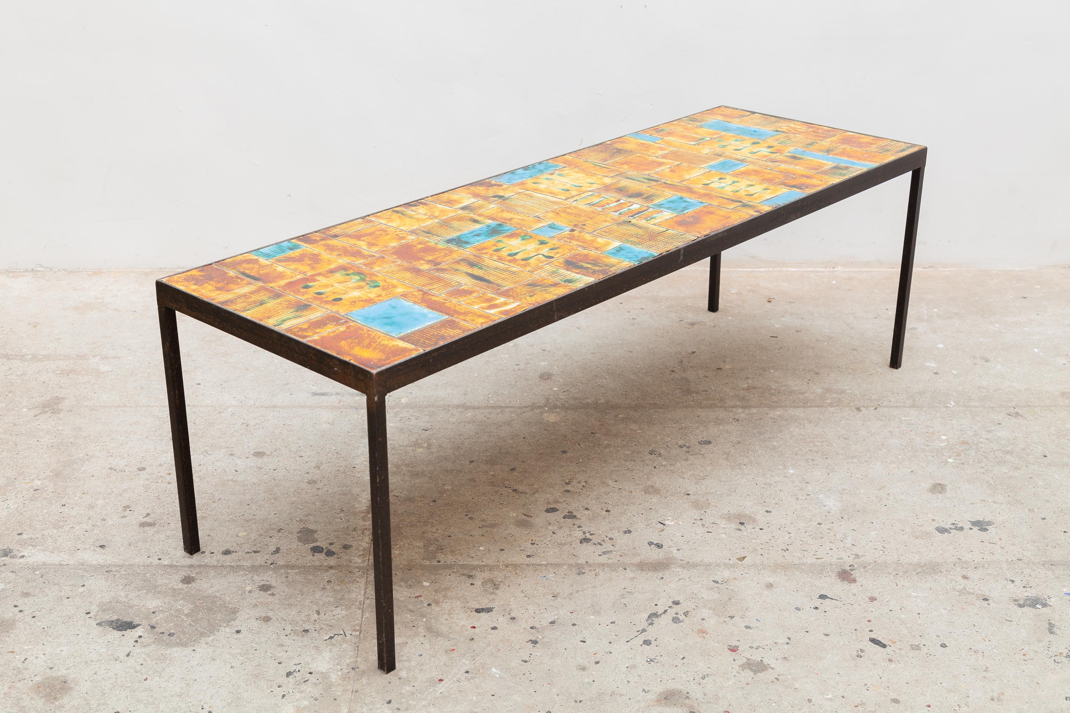 Ceramic Large Rectangular Tile Coffee Table Designed by Vallauris, France, 1960s For Sale
