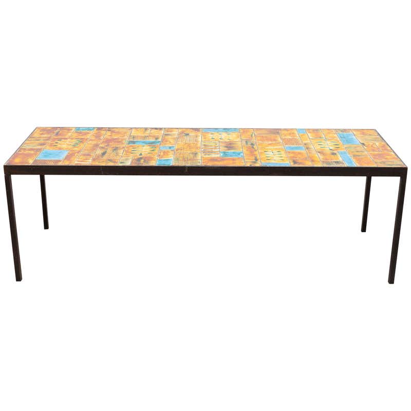 Large Pia Manu Low Rectangle Art Ceramic Tile Table, 1960s at 1stDibs
