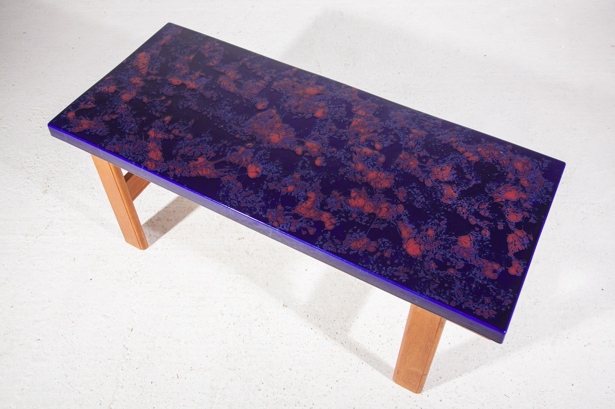 Large Rectangular Top Ceramic Blue and Orange Tile Coffee Table, 1970s In Good Condition For Sale In Antwerp, BE