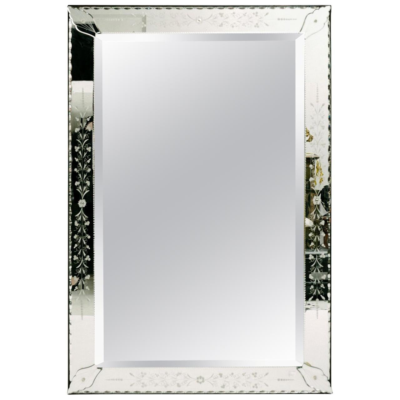Large Rectangular Etched Glass Mirror 60" x 40" For Sale at 1stdibs