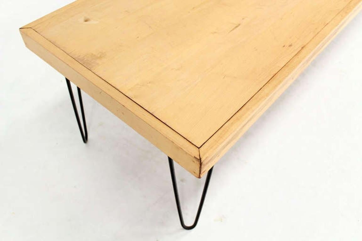 American Large Rectangular Vintage Solid Birch Top with Hairpin Leg Coffee Table For Sale
