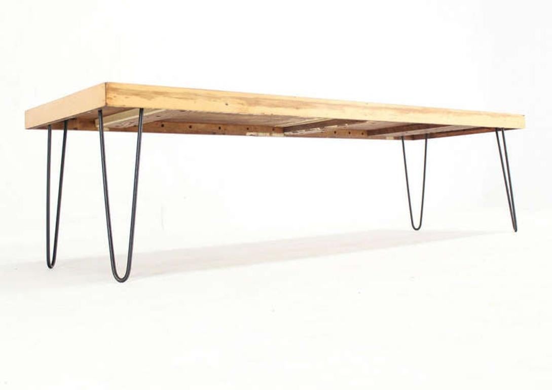 Steel Large Rectangular Vintage Solid Birch Top with Hairpin Leg Coffee Table For Sale