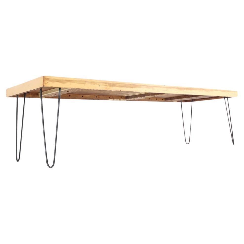 Large Rectangular Vintage Solid Birch Top with Hairpin Leg Coffee Table For Sale