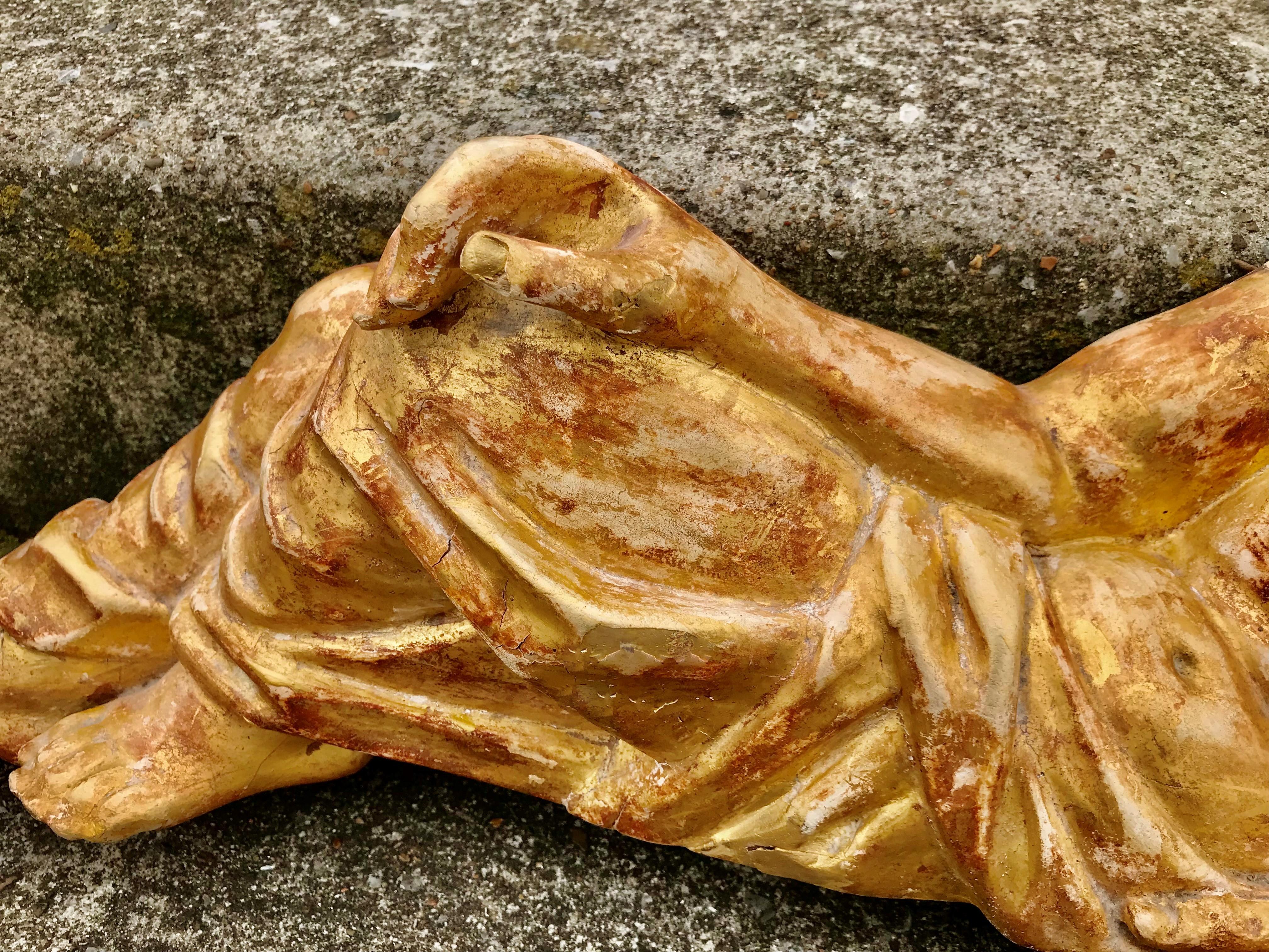 Gold Leaf Large Recumbent Giltwood Venus or Goddess Architectural Fragment For Sale