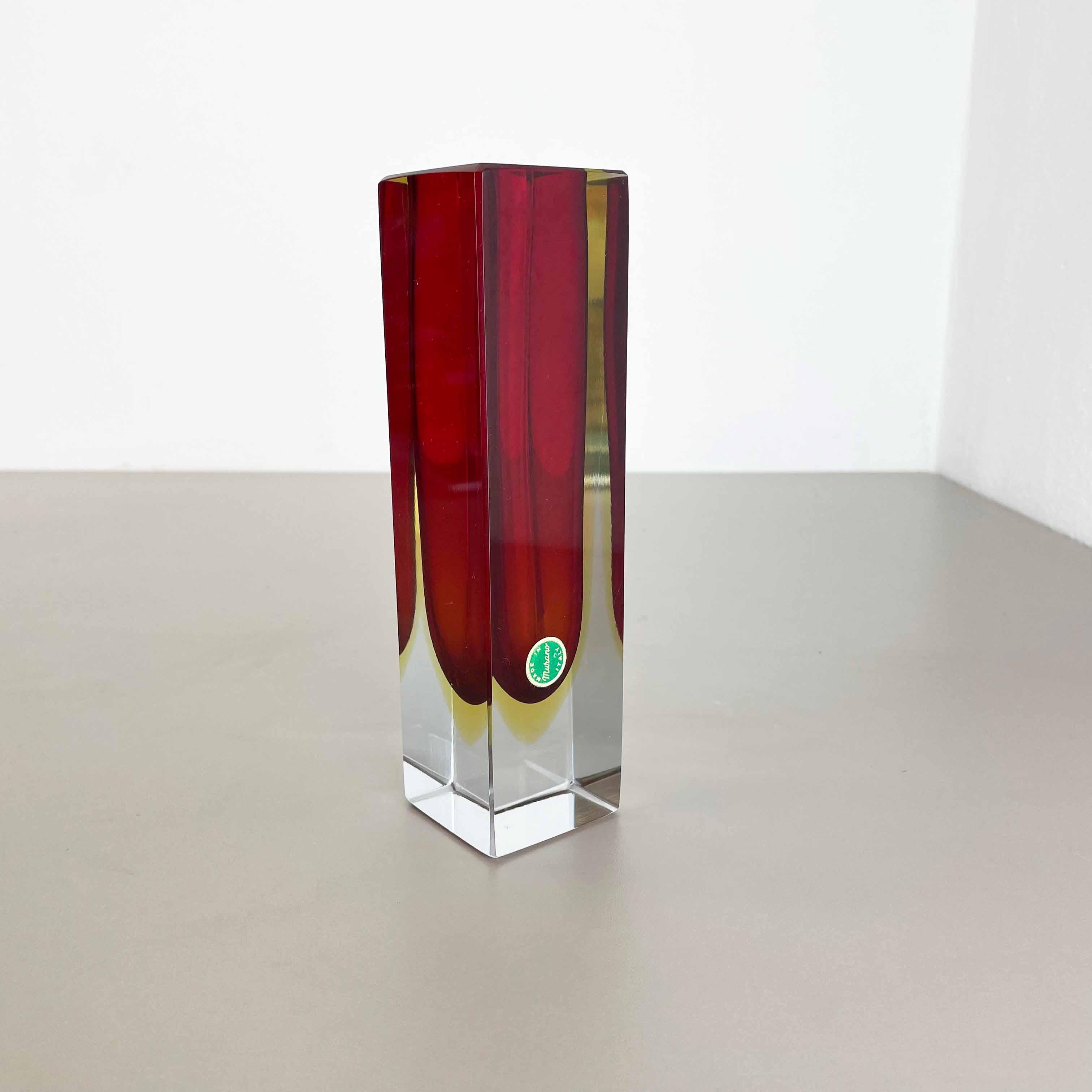 Mid-Century Modern large red 21cm Murano Glass Sommerso Cube Vase Flavio Poli Attr., Italy, 1970 For Sale