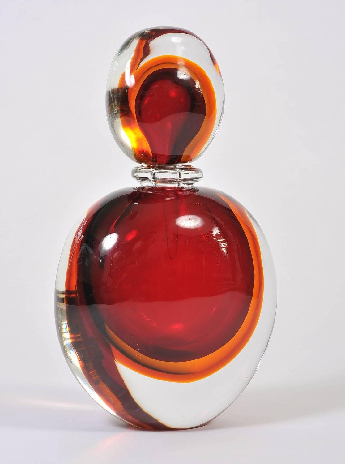 Contemporary Large Red and Amber Italian Murano Perfume Bottle