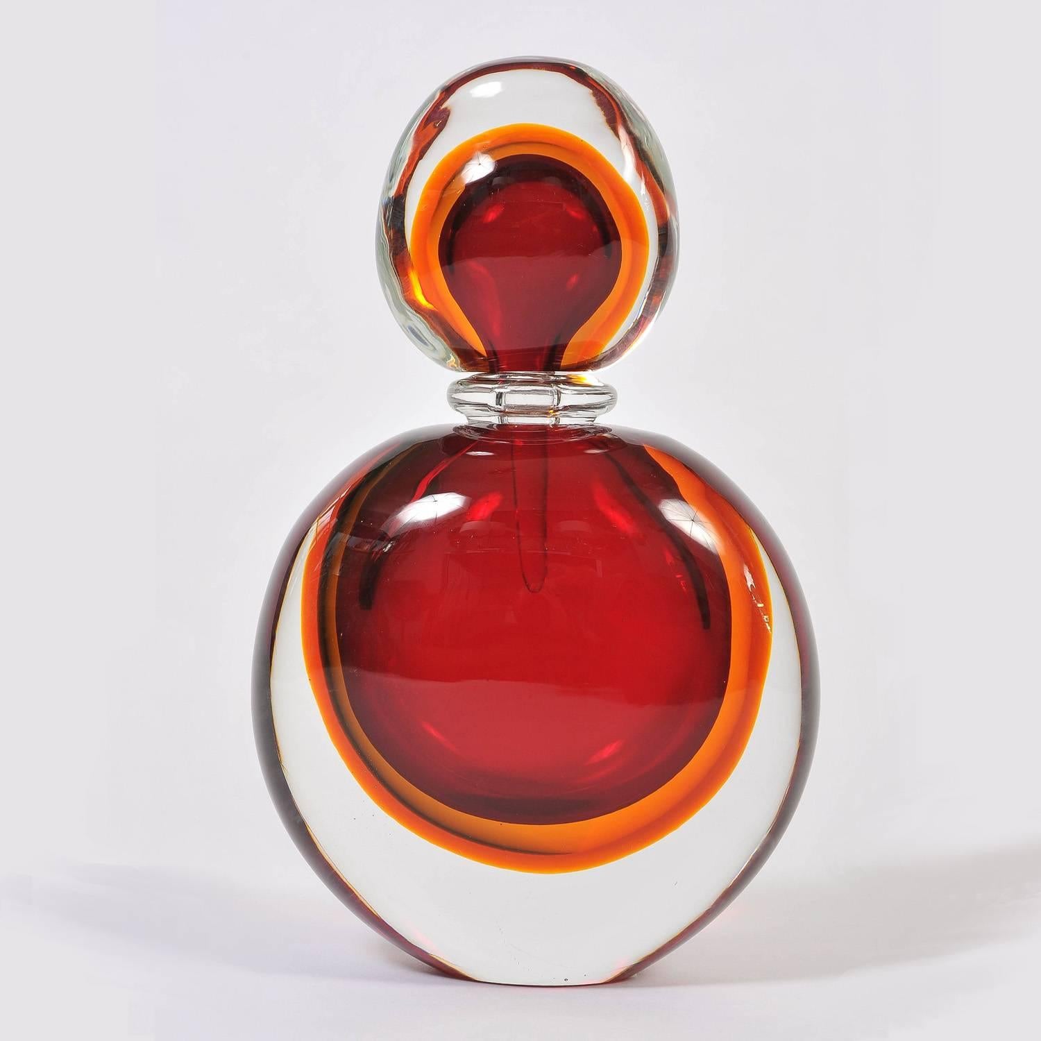 Murano Glass Large Red and Amber Italian Murano Perfume Bottle
