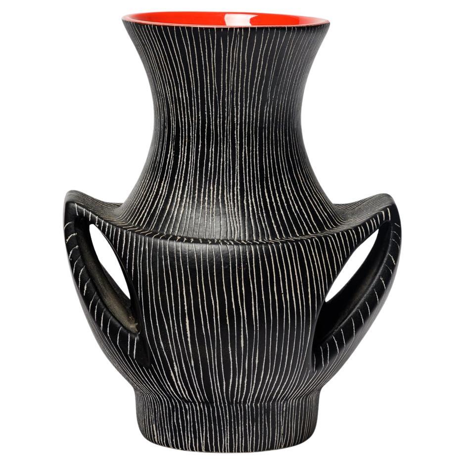 Large red and black 20th century design ceramic vase by Jean de Lespinasse 1960