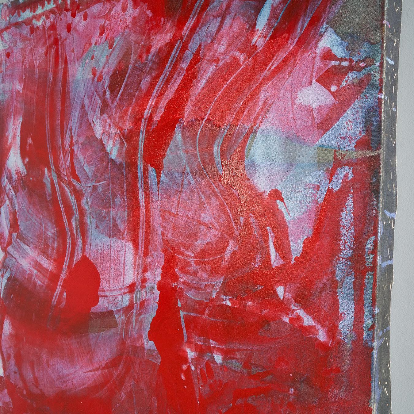 Dynamisch geschichtetes blaues und rotes abstraktes Acrylgemälde auf Leinwand des späten Midwestern-Künstlers John Link, montiert in einem Holzrahmen. Dieses Werk mit dem Titel 