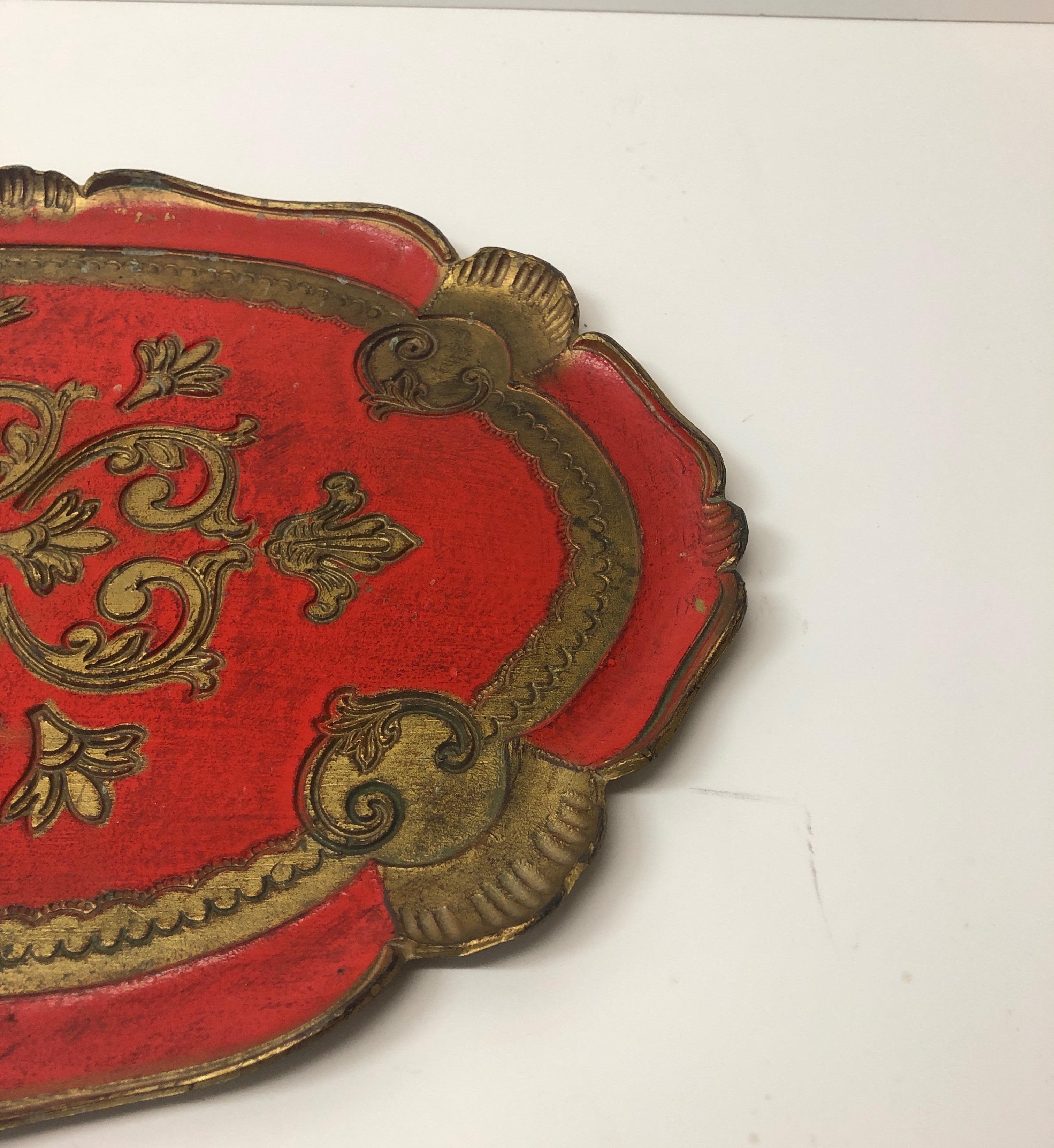 Large red and gold Florentine serving tray.
Stamped made in Italy.
Size: 17.5” L x 11.5” D x 1/2” H.