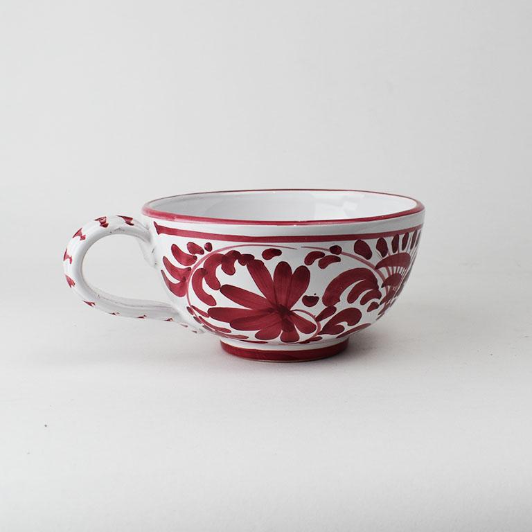 Folk Art Large Red and White Hand Painted Ceramic Italian Soup Cup, Italy For Sale