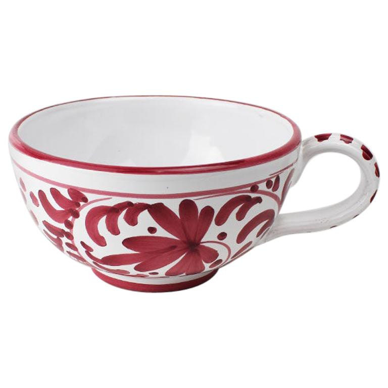 Large Red and White Hand Painted Ceramic Italian Soup Cup, Italy For Sale