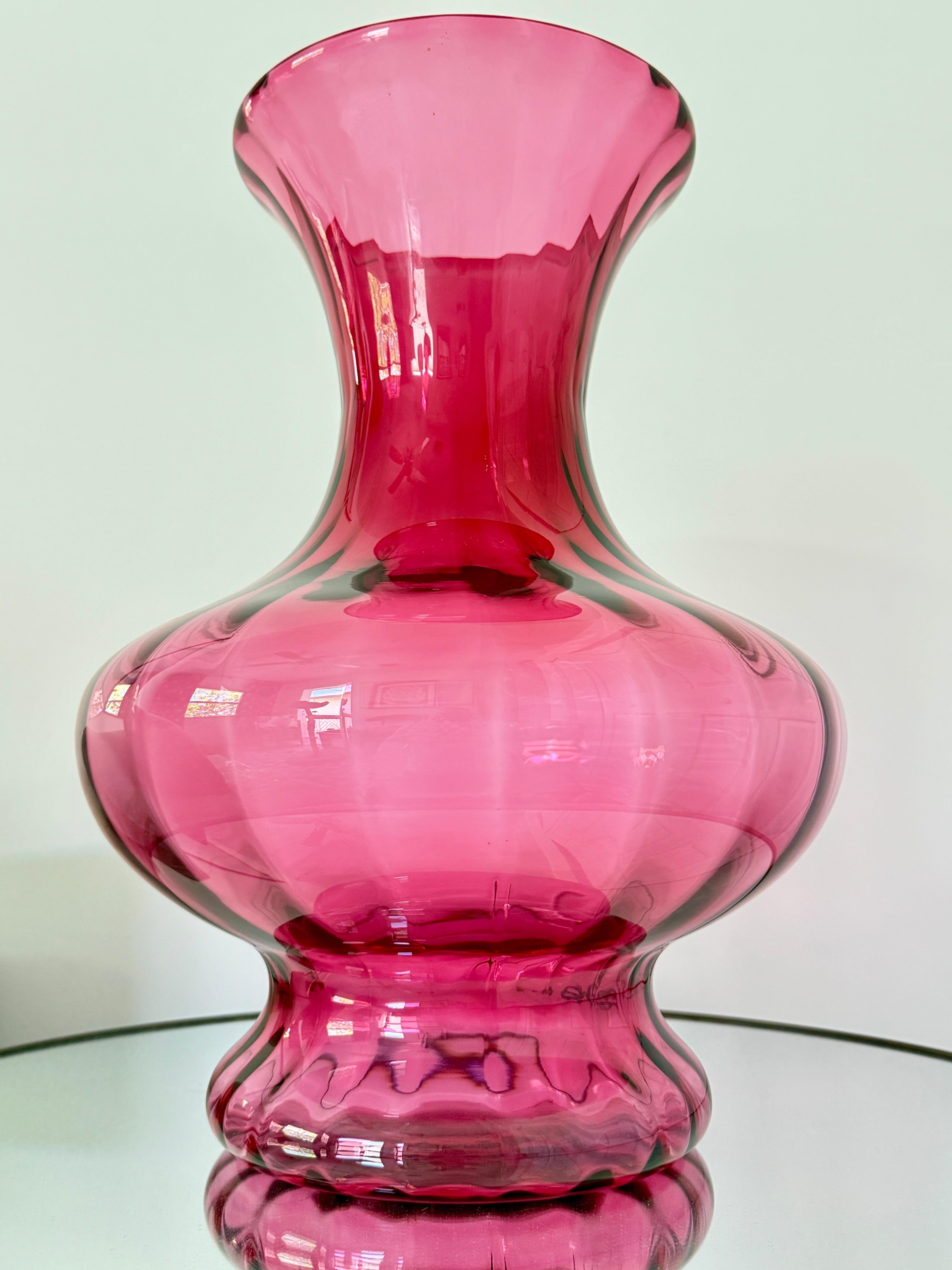 Mid-Century Modern Large Red Blown Glass Vase with Fluted Details For Sale