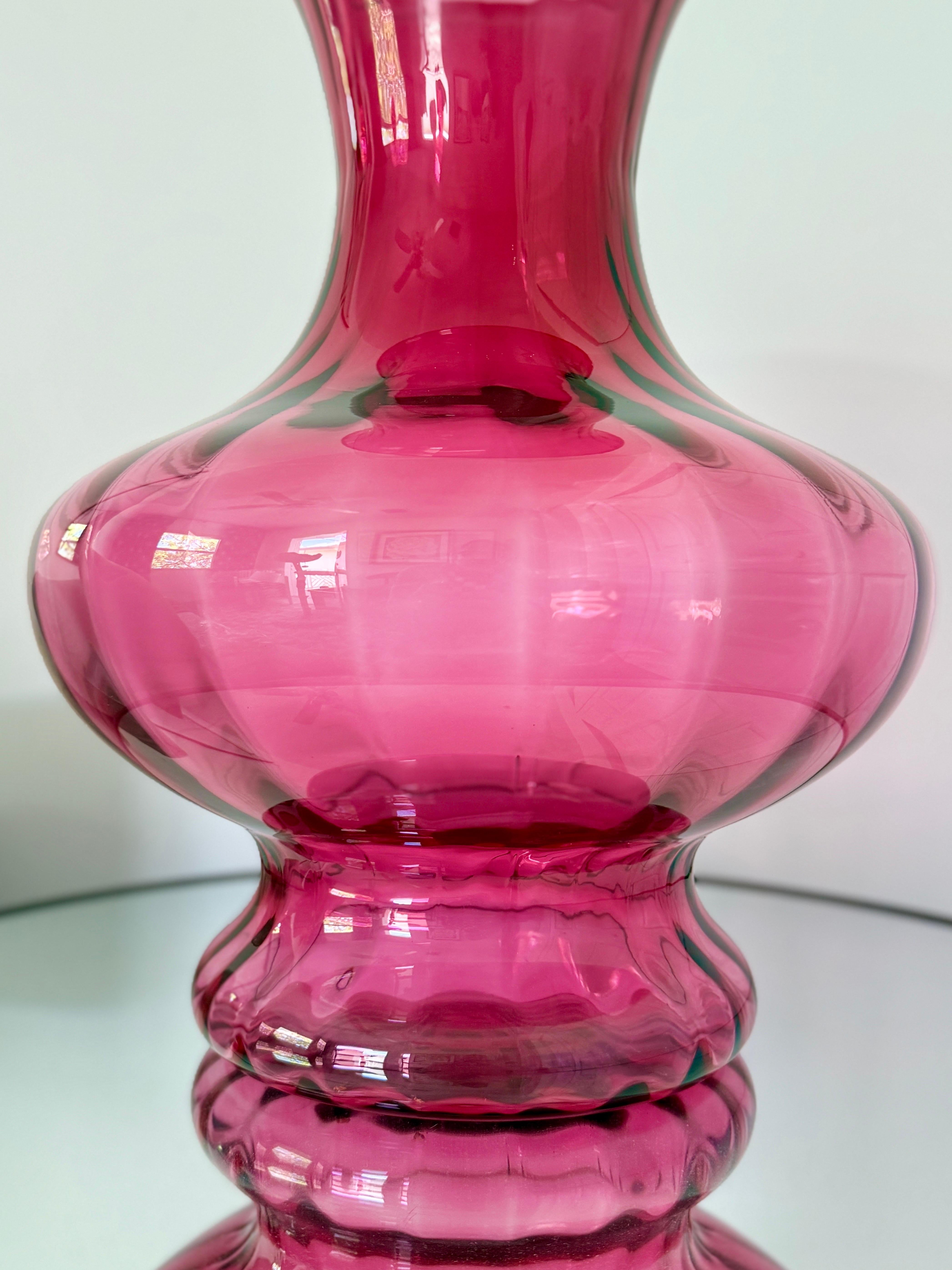 American Large Red Blown Glass Vase with Fluted Details For Sale