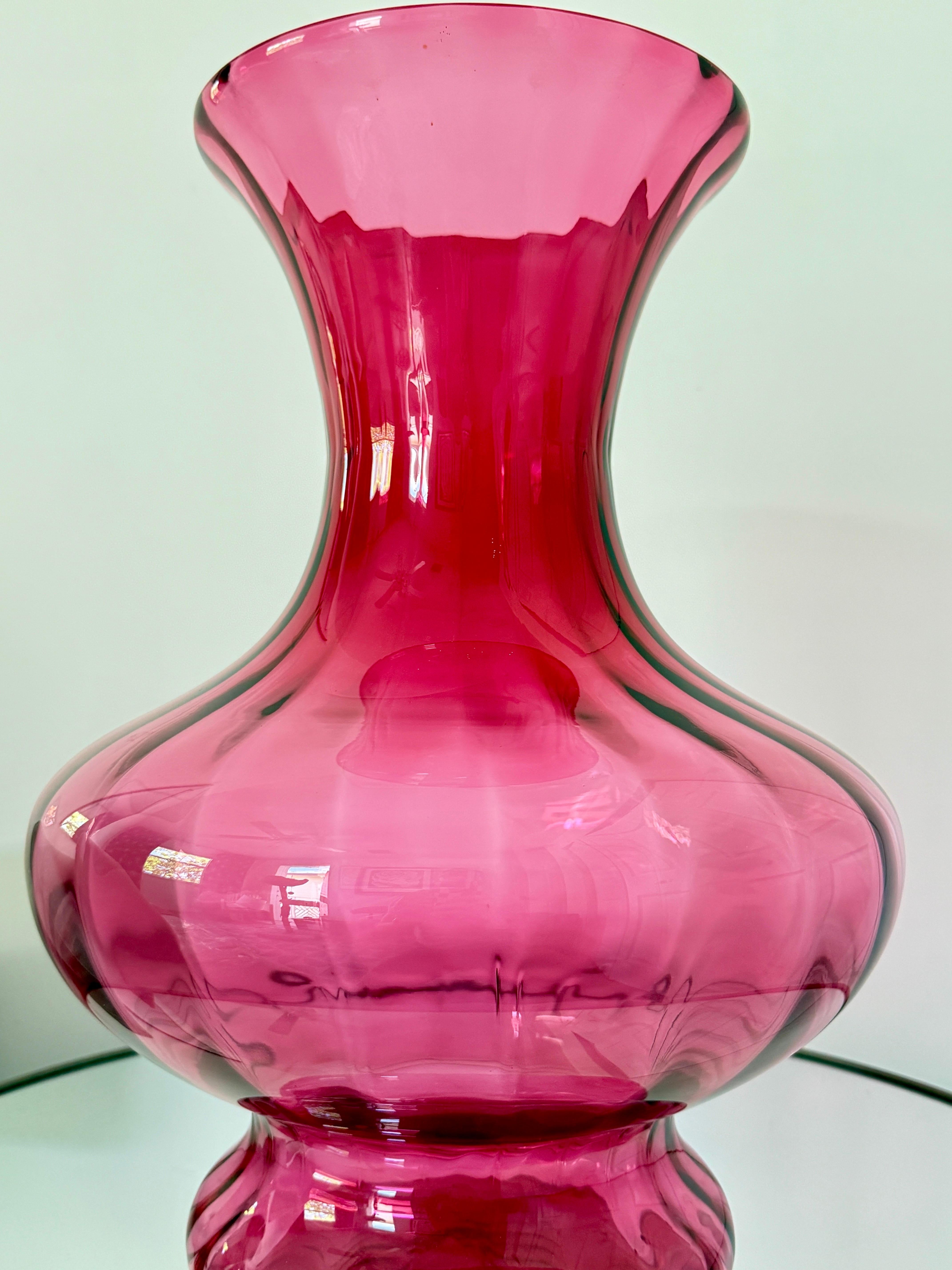 Hand-Crafted Large Red Blown Glass Vase with Fluted Details For Sale