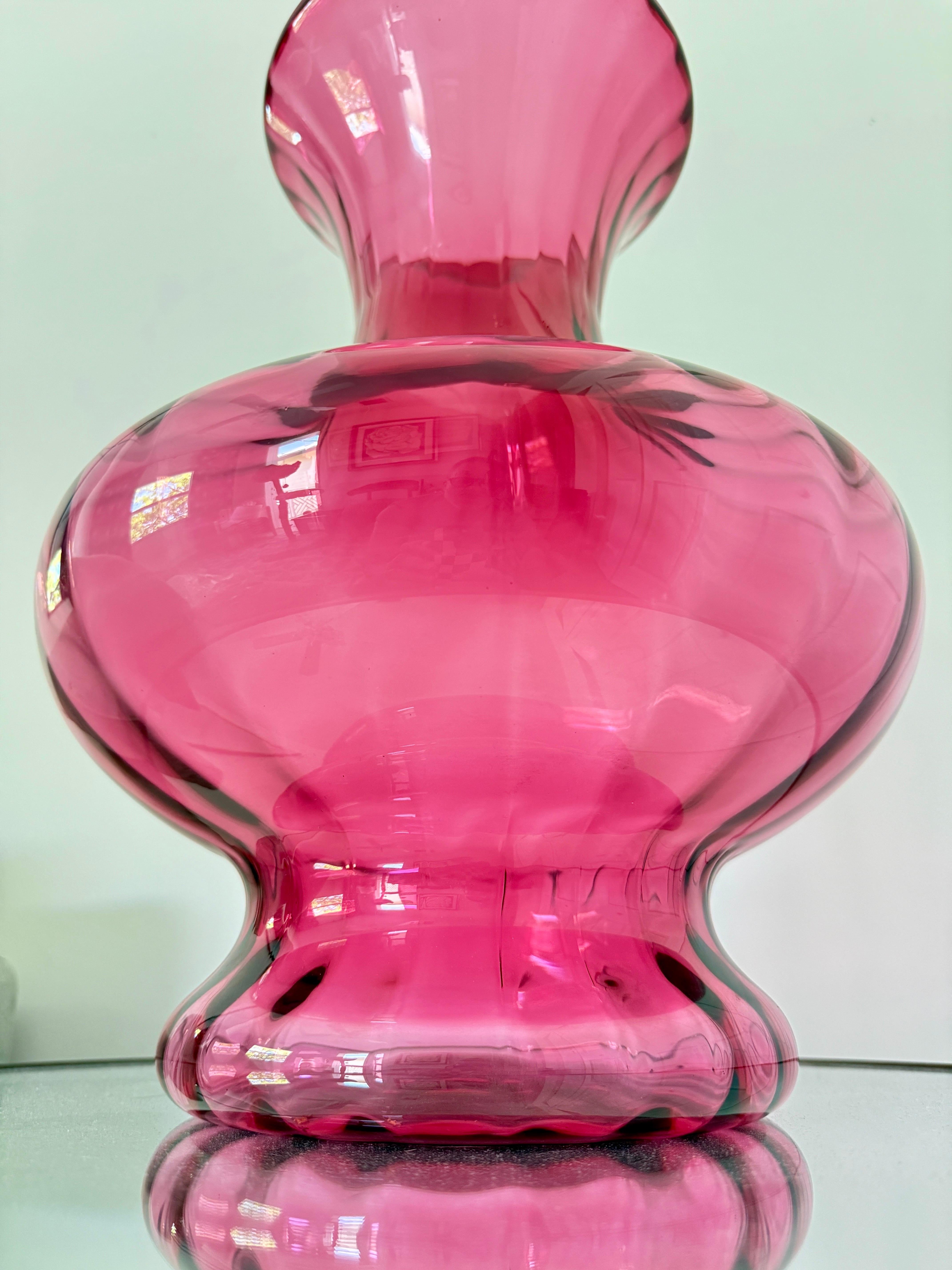 Late 20th Century Large Red Blown Glass Vase with Fluted Details For Sale