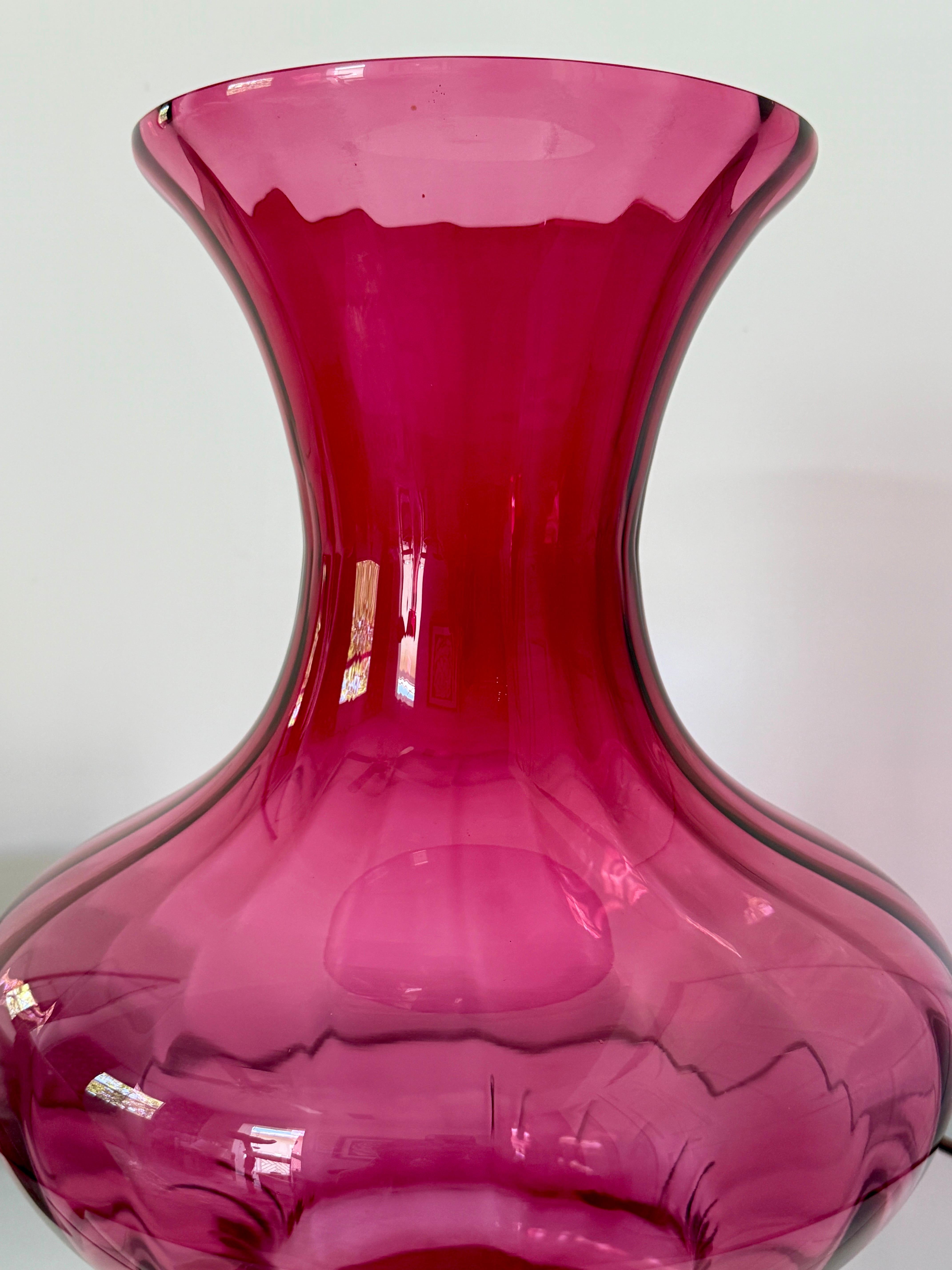 Art Glass Large Red Blown Glass Vase with Fluted Details For Sale