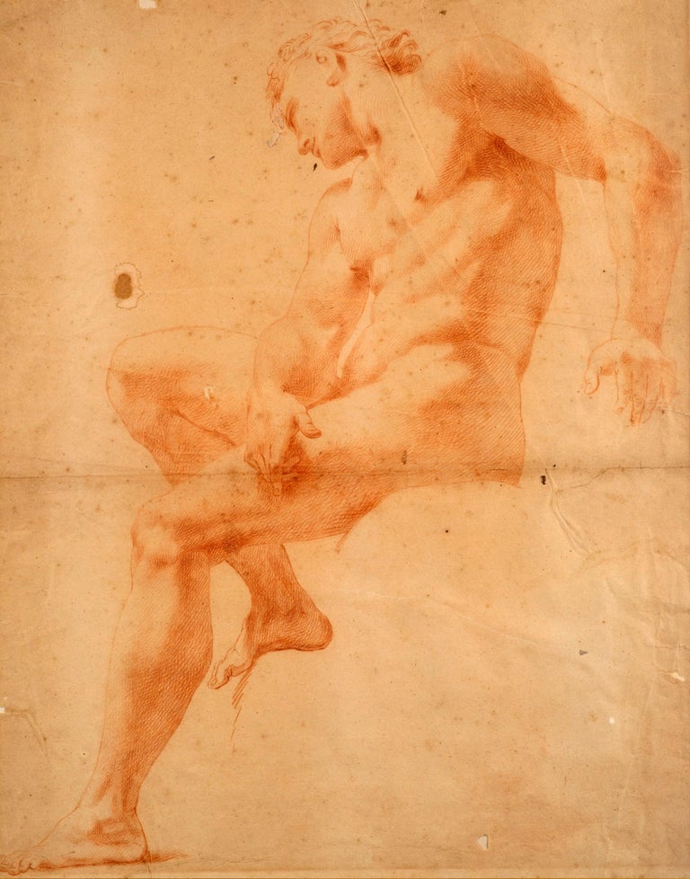 Nude male academy.
Red chalk on paper.
While the artist who drew this drawing is not known, the confidence in the trait along with the fascinating perspective point to a master. This is no longer a sheer study but a masterpiece in its own