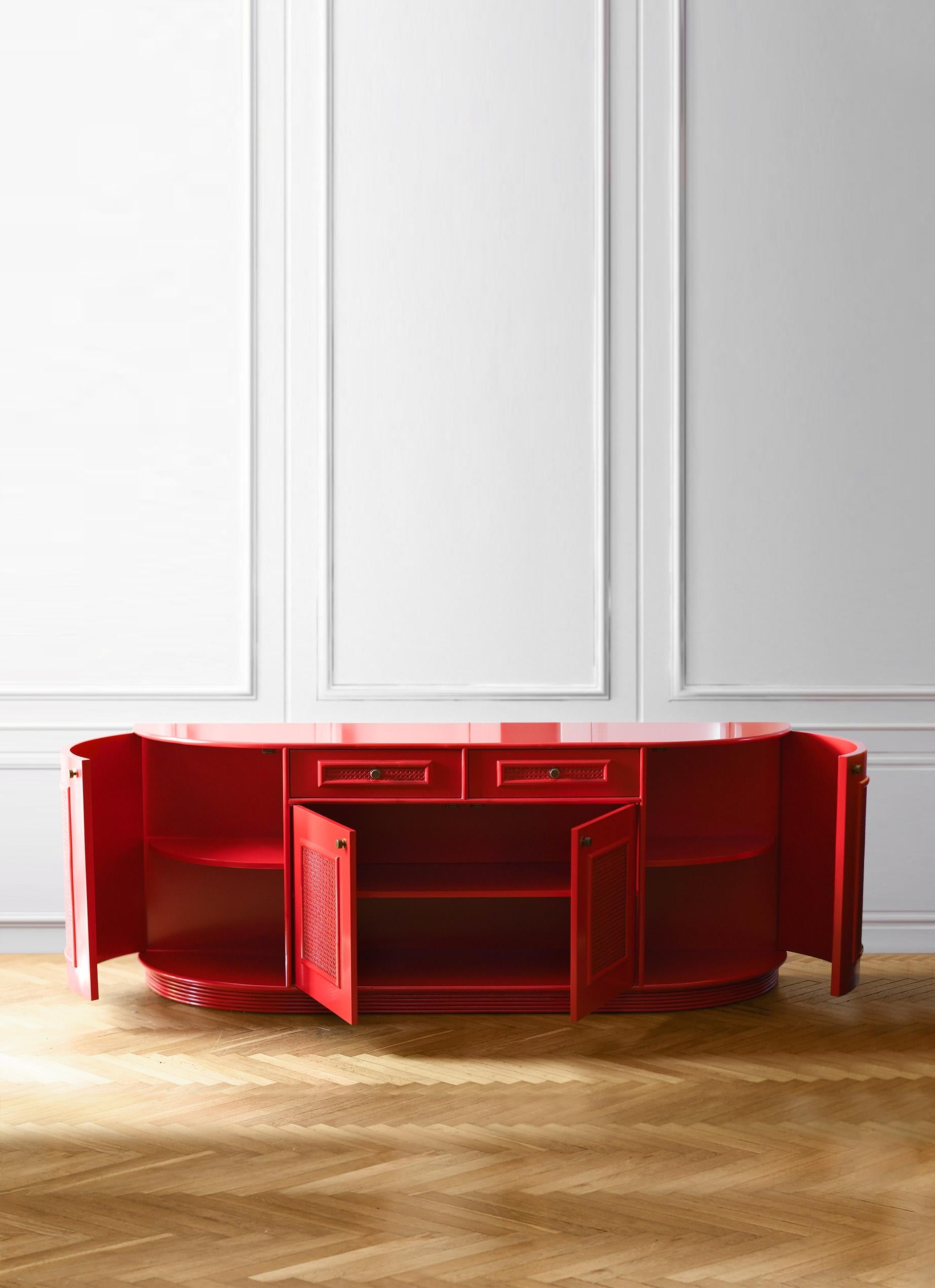 Italian Large Red China Lacquered Sideboard from the 80s