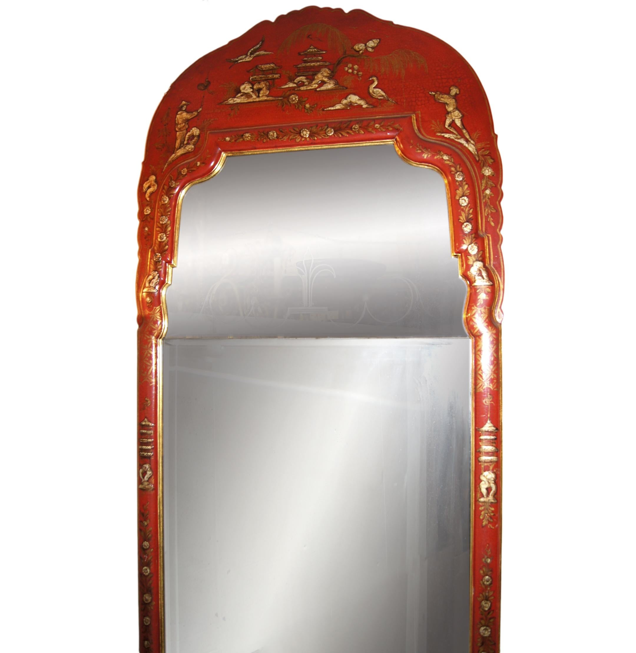 Large Red Chinoiserie Mirror In Good Condition In New York, NY