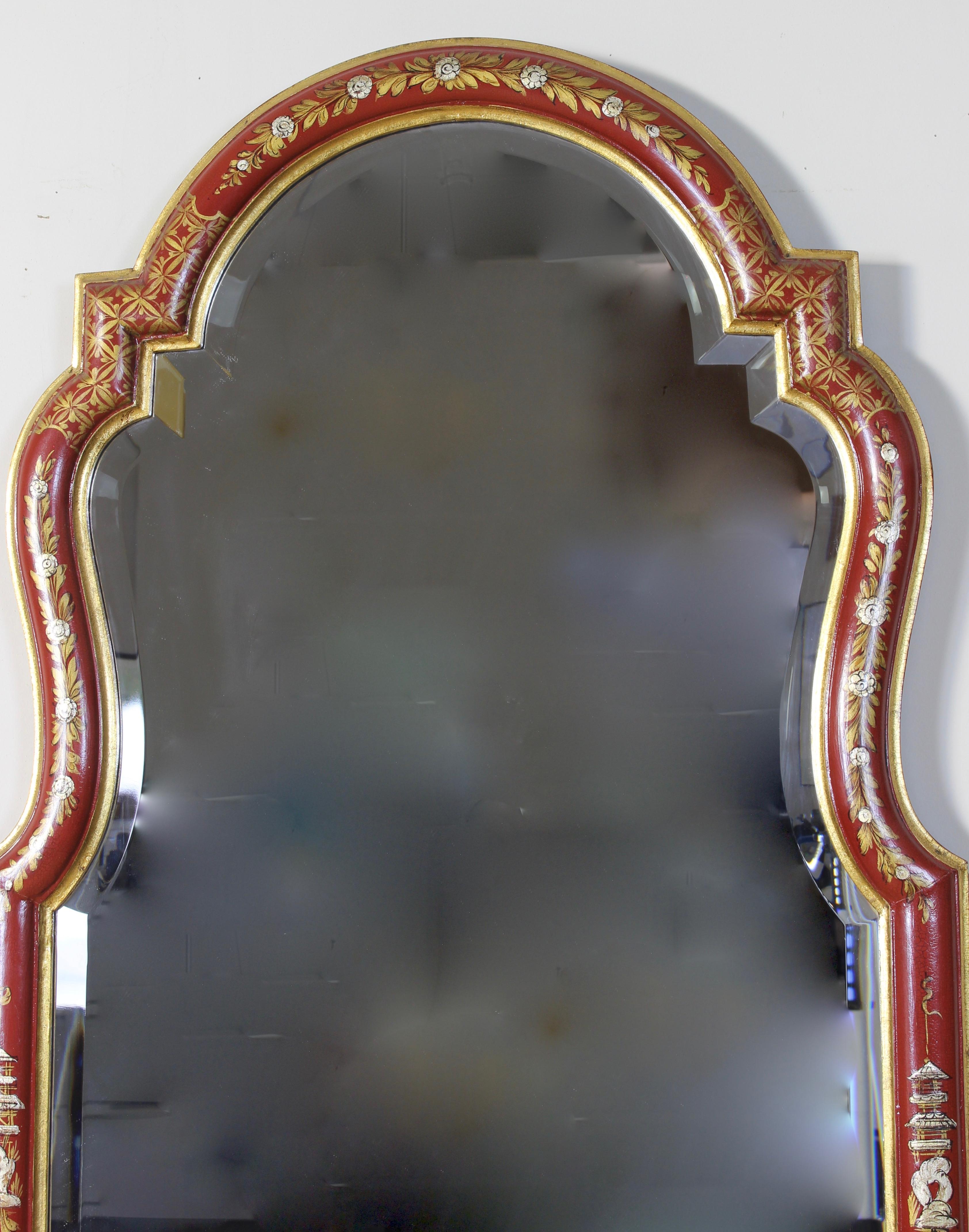 Painted Large Red Chinoiserie Queen Anne Style Mirror