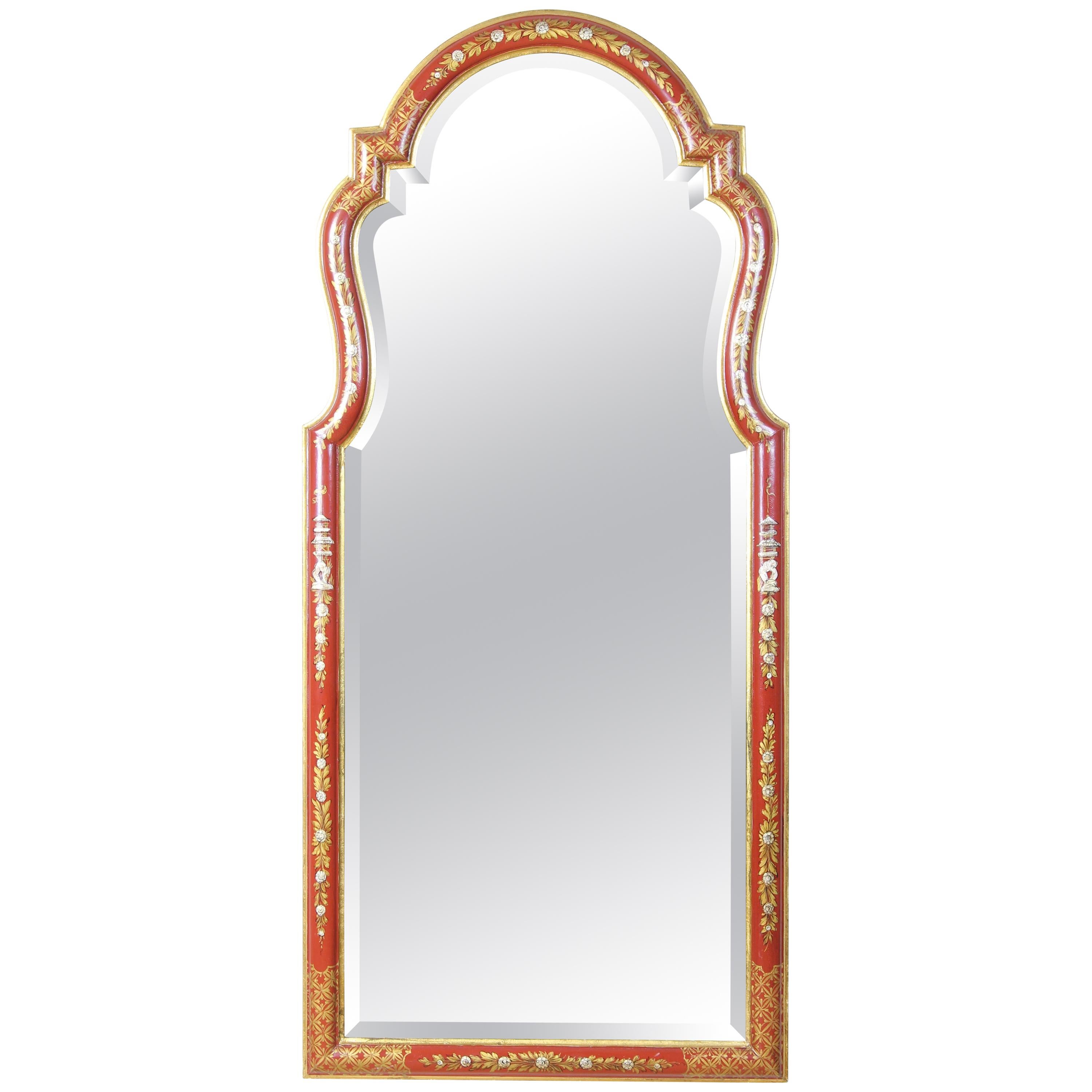 Large Red Chinoiserie Queen Anne Style Mirror
