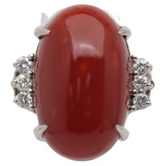 Large Red Coral Diamond Platinum Ring
