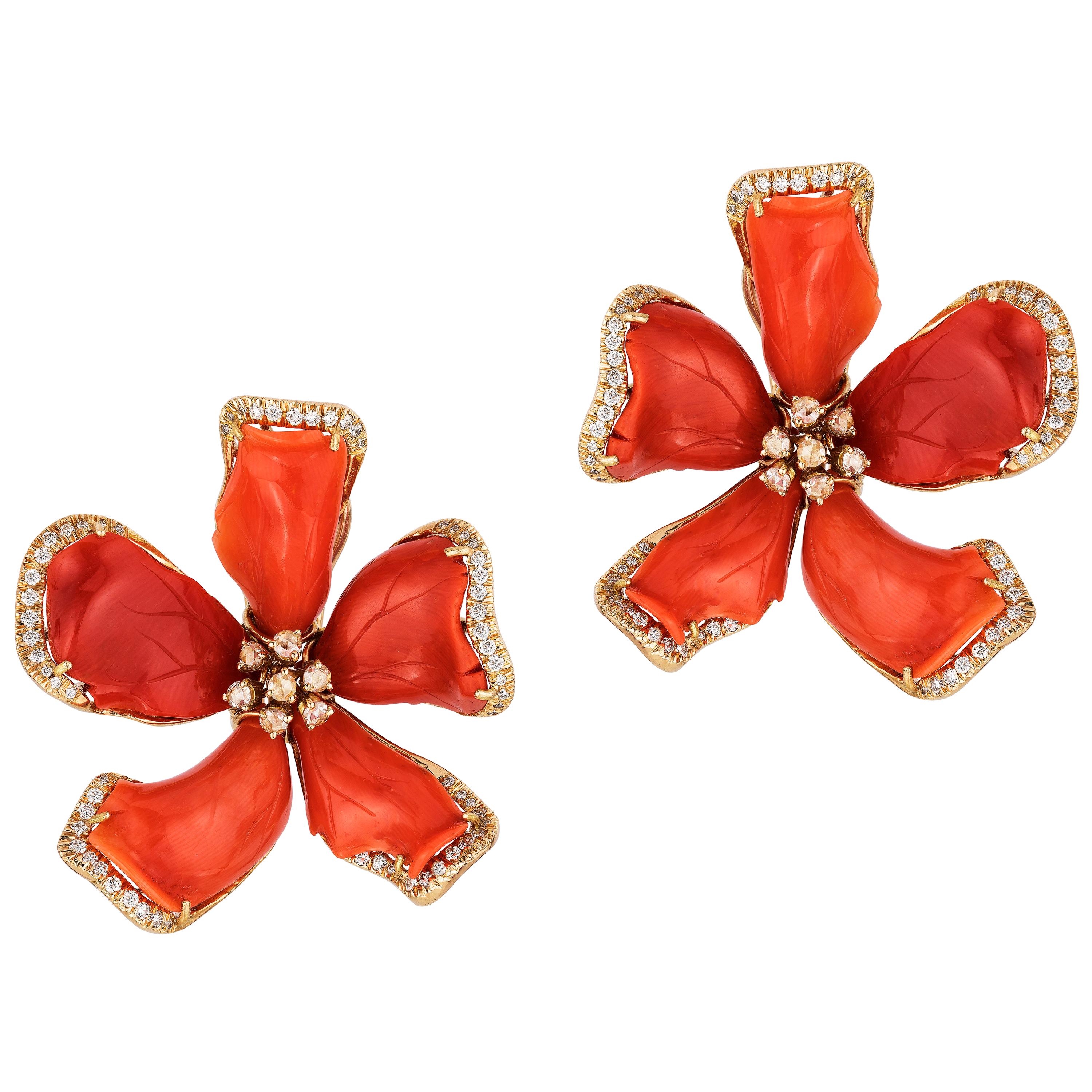 Goshwara Large Red Coral Flower And Diamond Earrings For Sale