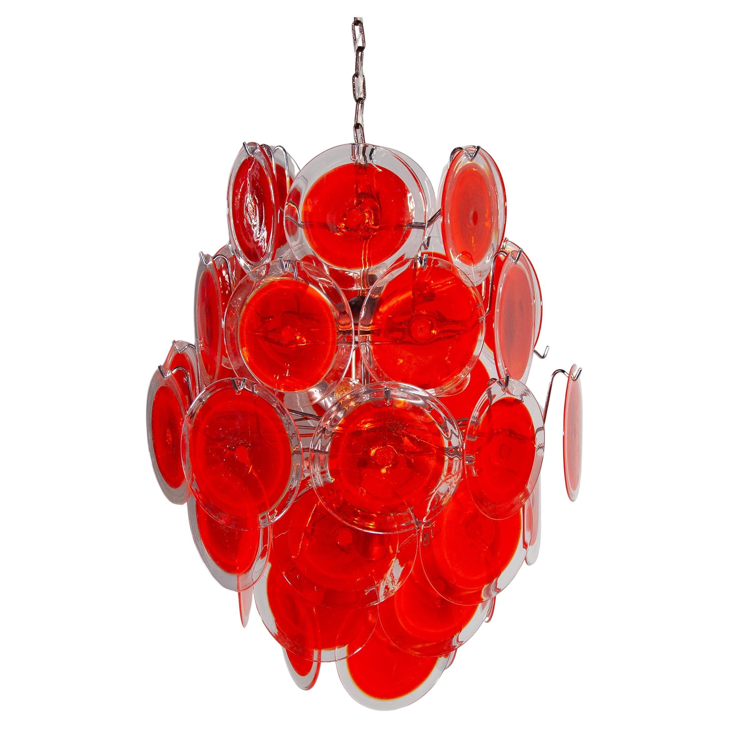 Large RED Disk Hand Blown Vistosi 1960s Chandelier, Italy in vendita 1