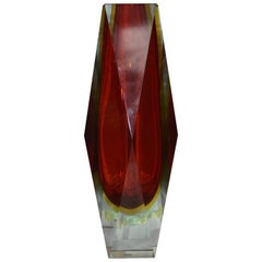 Large Red Faceted Murano Vase With Murano Glass Label