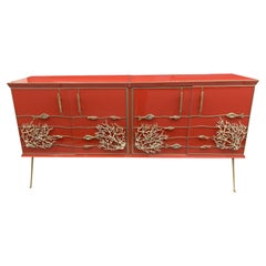 Large Red Glass Sideboard with Aquatic Bronze Decoration, Murano Around 1980