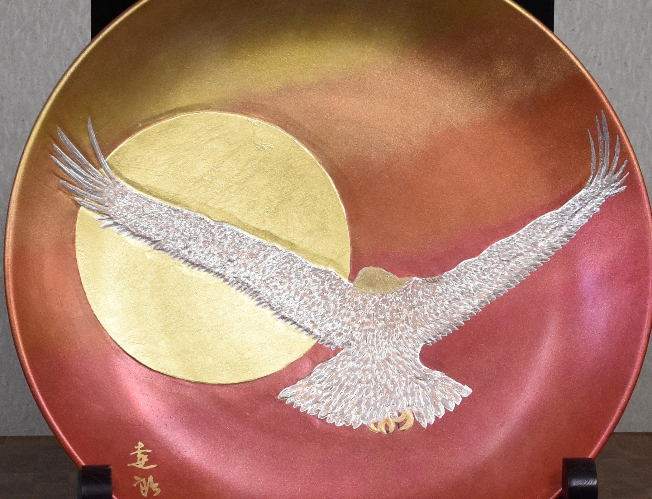 Hand-Painted Large Red Gold Platinum Porcelain Charger by Contemporay Japanese Master Artist For Sale