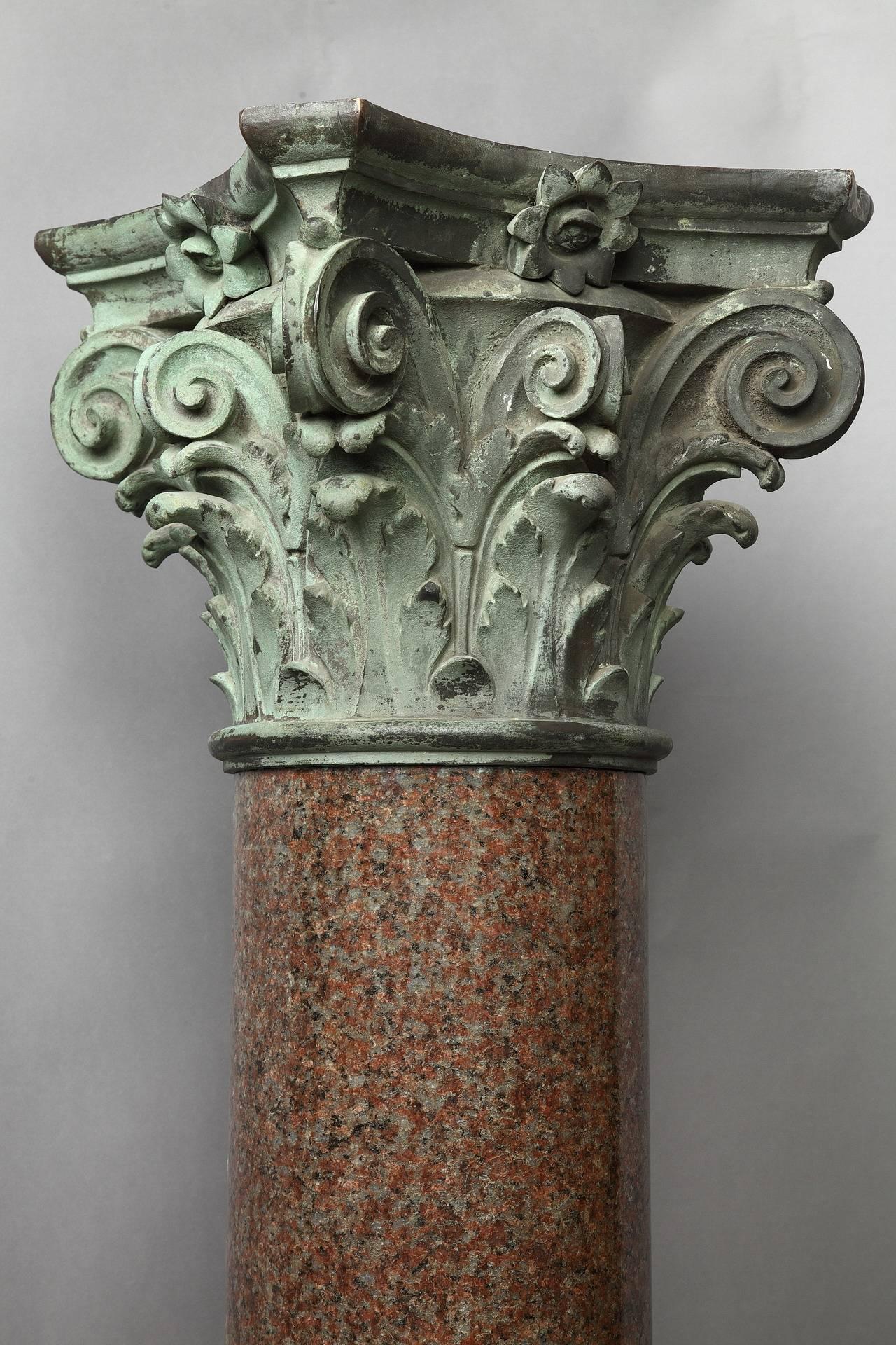 Large Red Granite and Bronze Column in Neoclassical Style 3