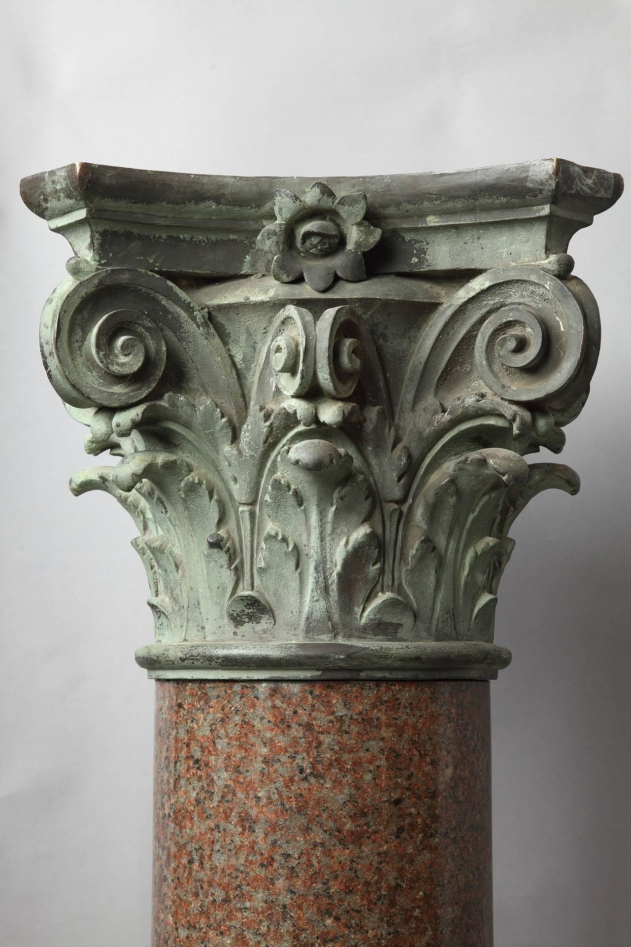 Large Red Granite and Bronze Column in Neoclassical Style For Sale 2