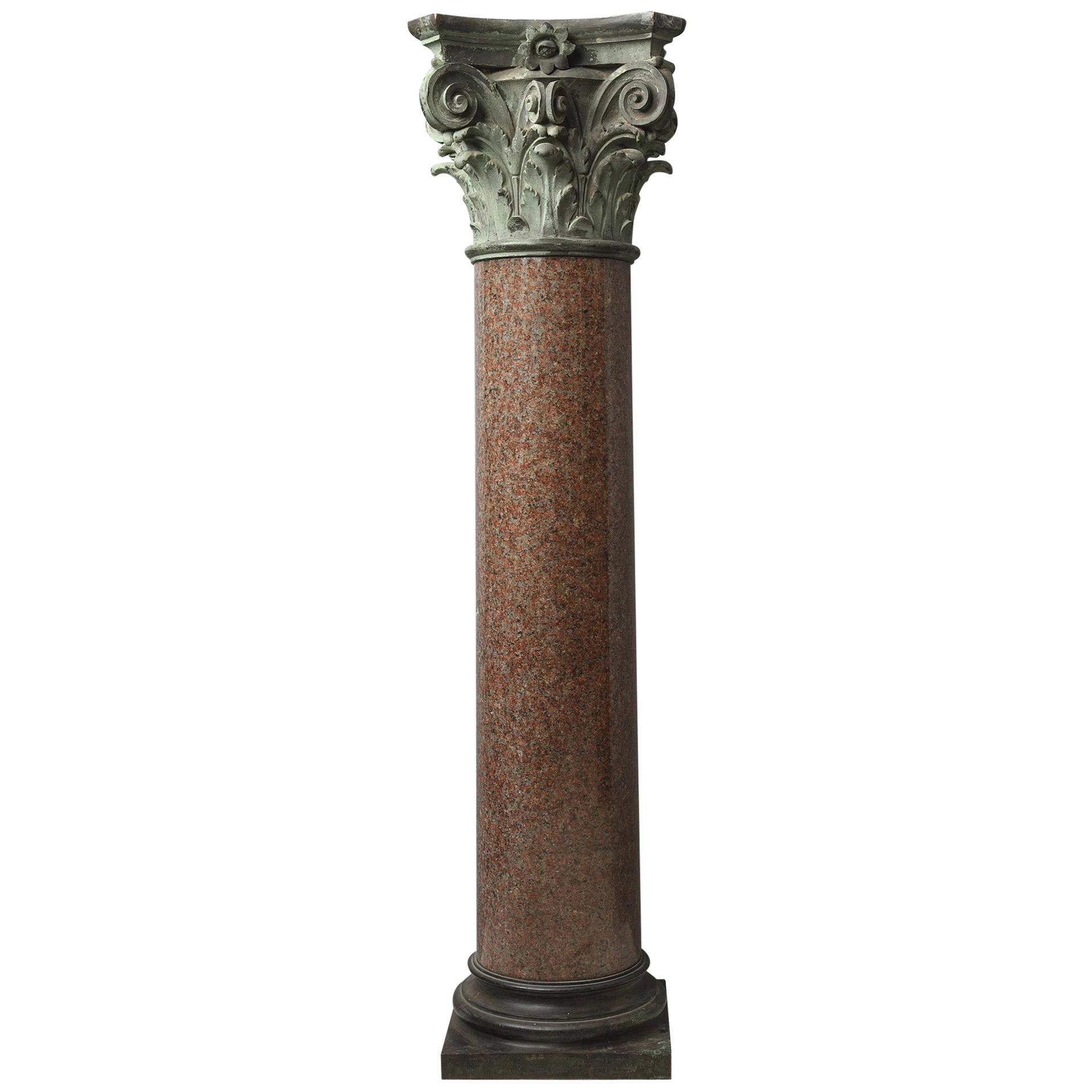 Large Red Granite and Bronze Column in Neoclassical Style For Sale