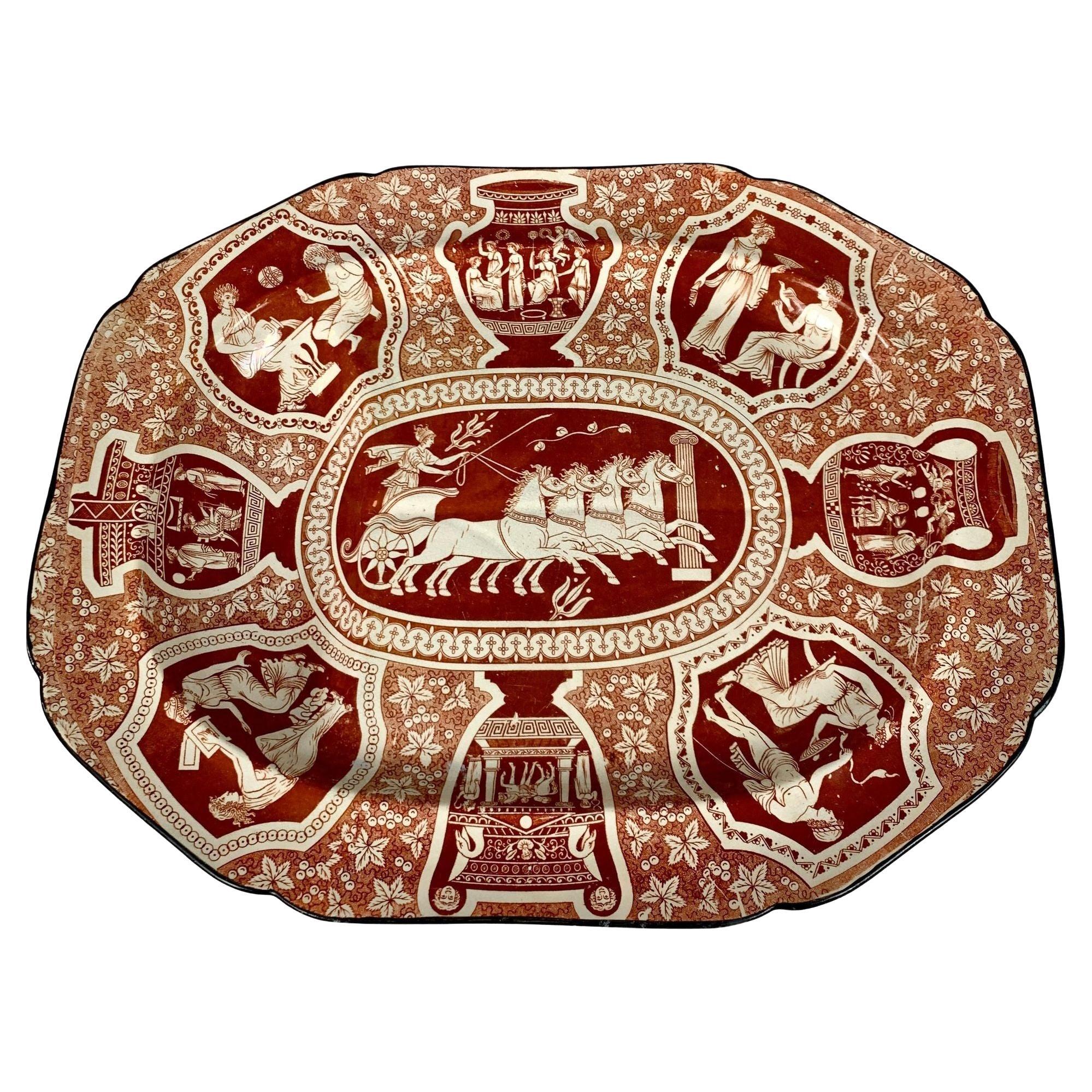 Large Red Greekware Platter with Well and Tree Made by Herculaneum, circa 1820