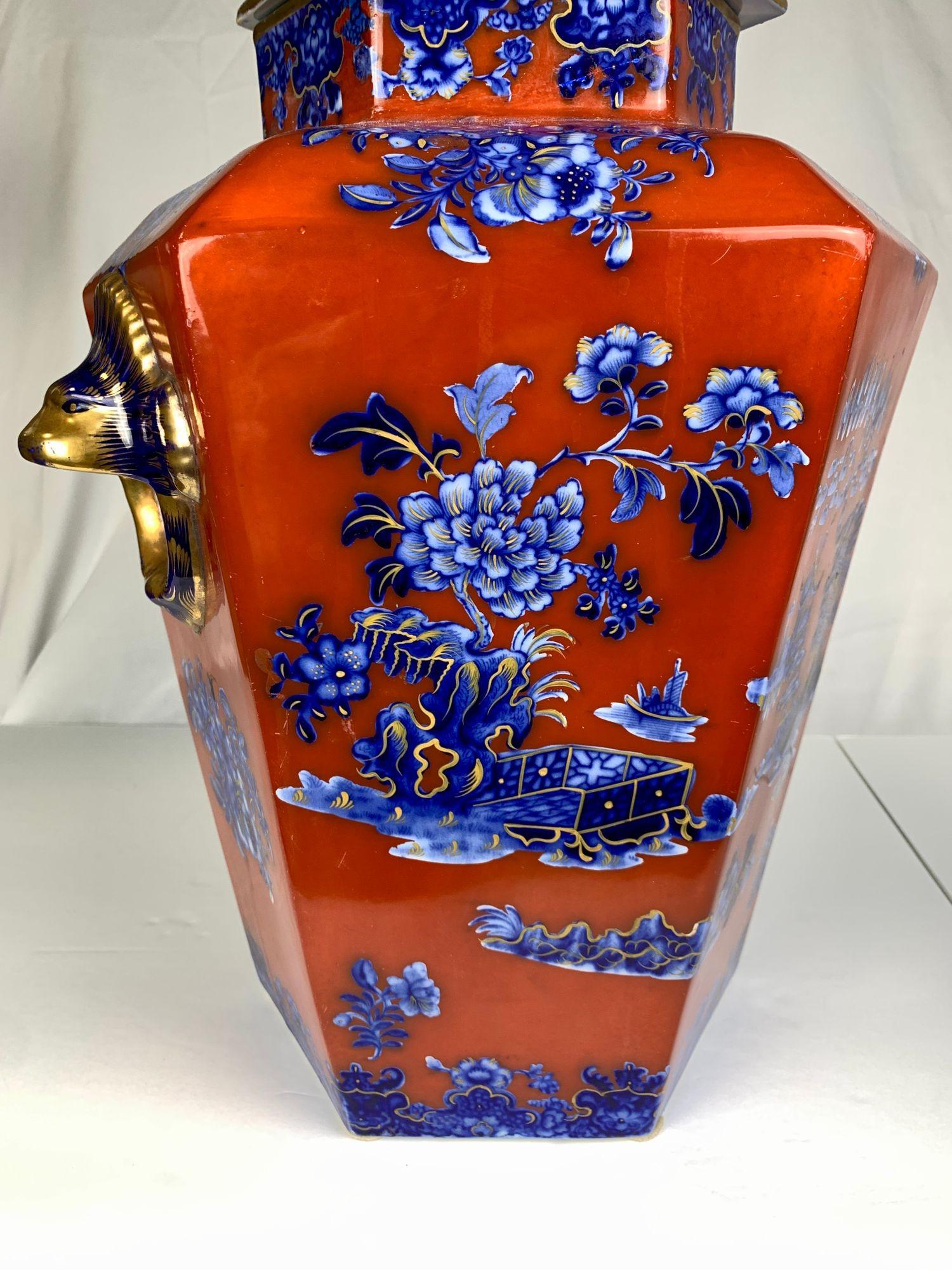 Ironstone Large Red English Jar with Blue and Gold Chinoiserie Decoration Circa 1820