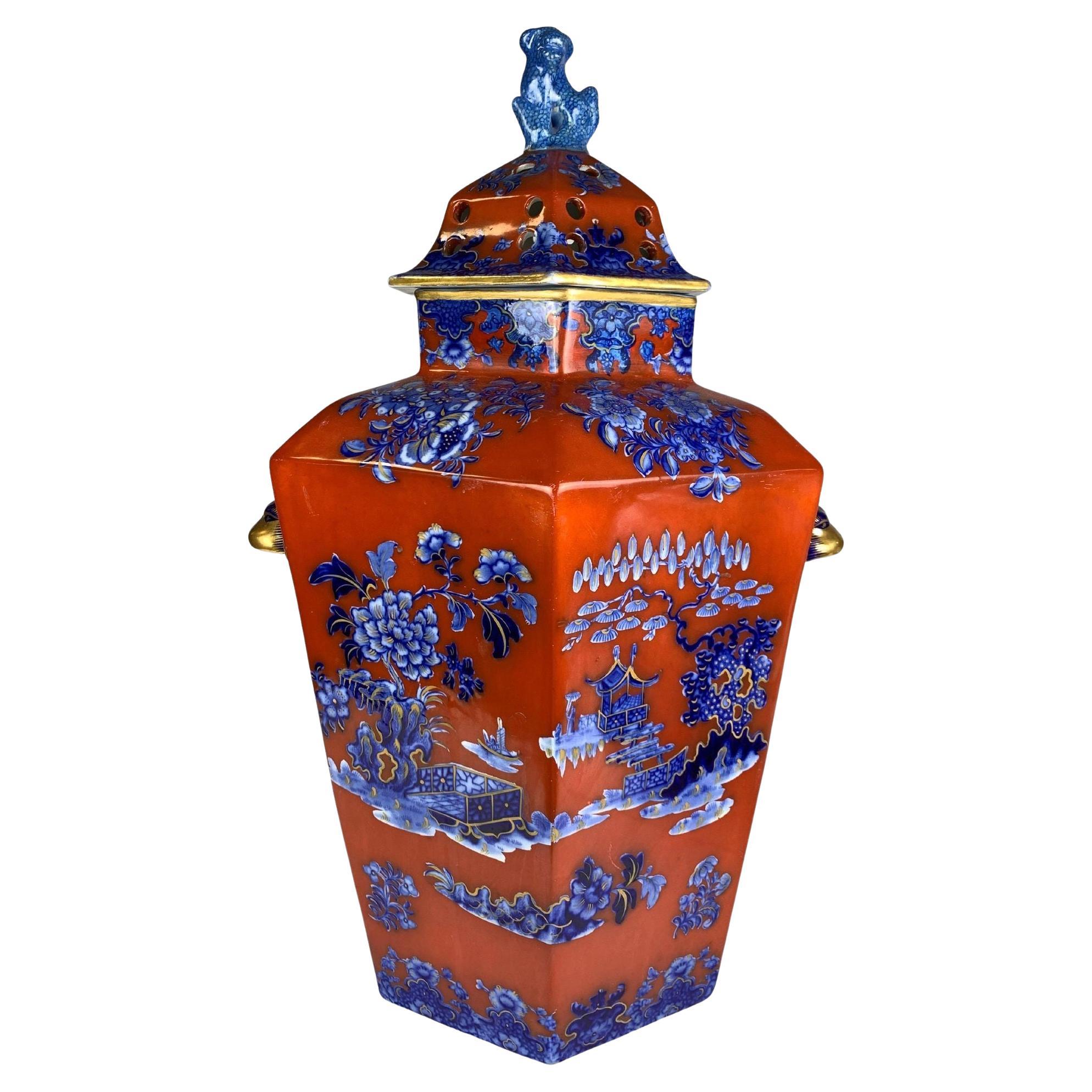 Large Red English Jar with Blue and Gold Chinoiserie Decoration Circa 1820