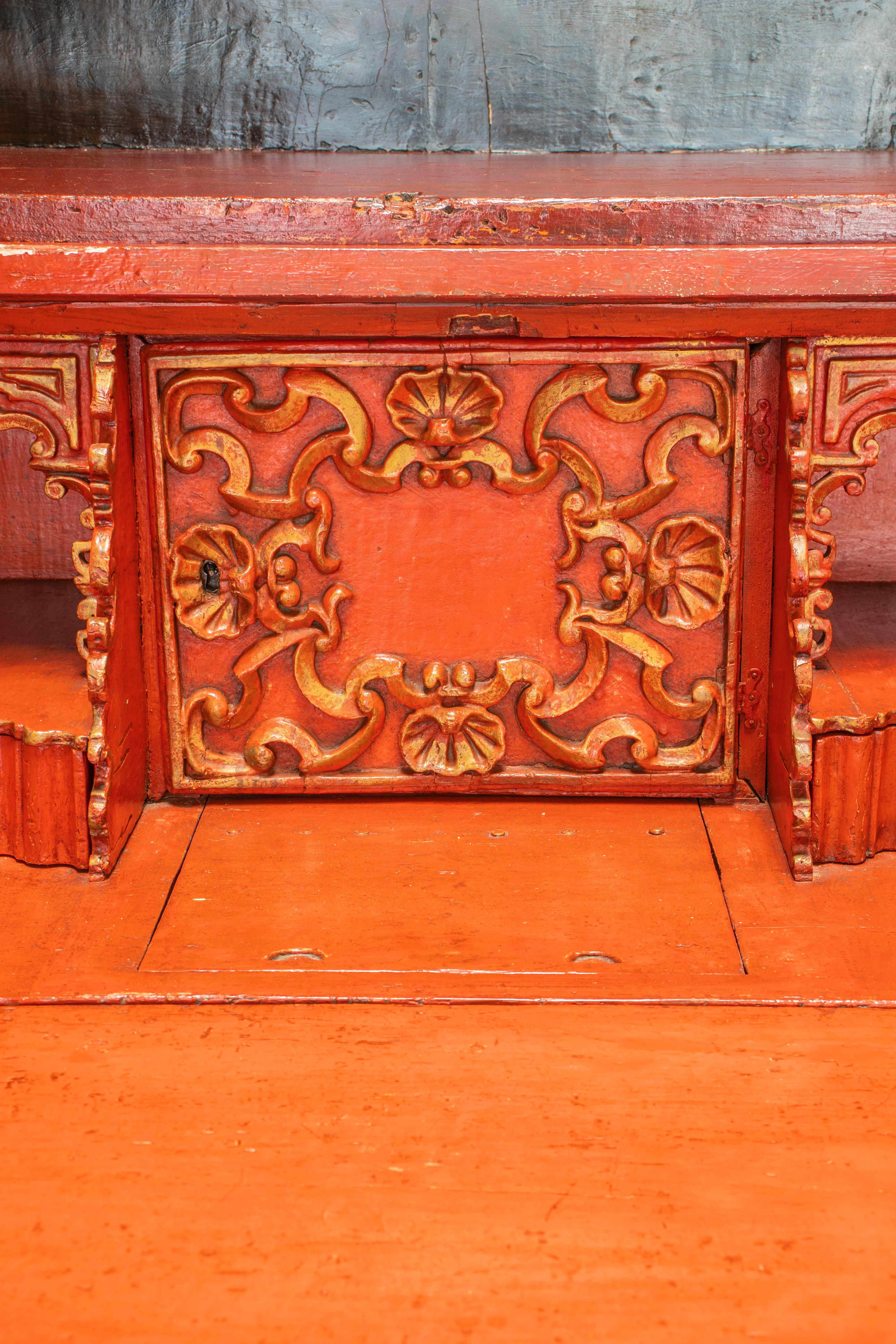 Hand-Carved Large Red Jappaned Bureau Cabinet For Sale