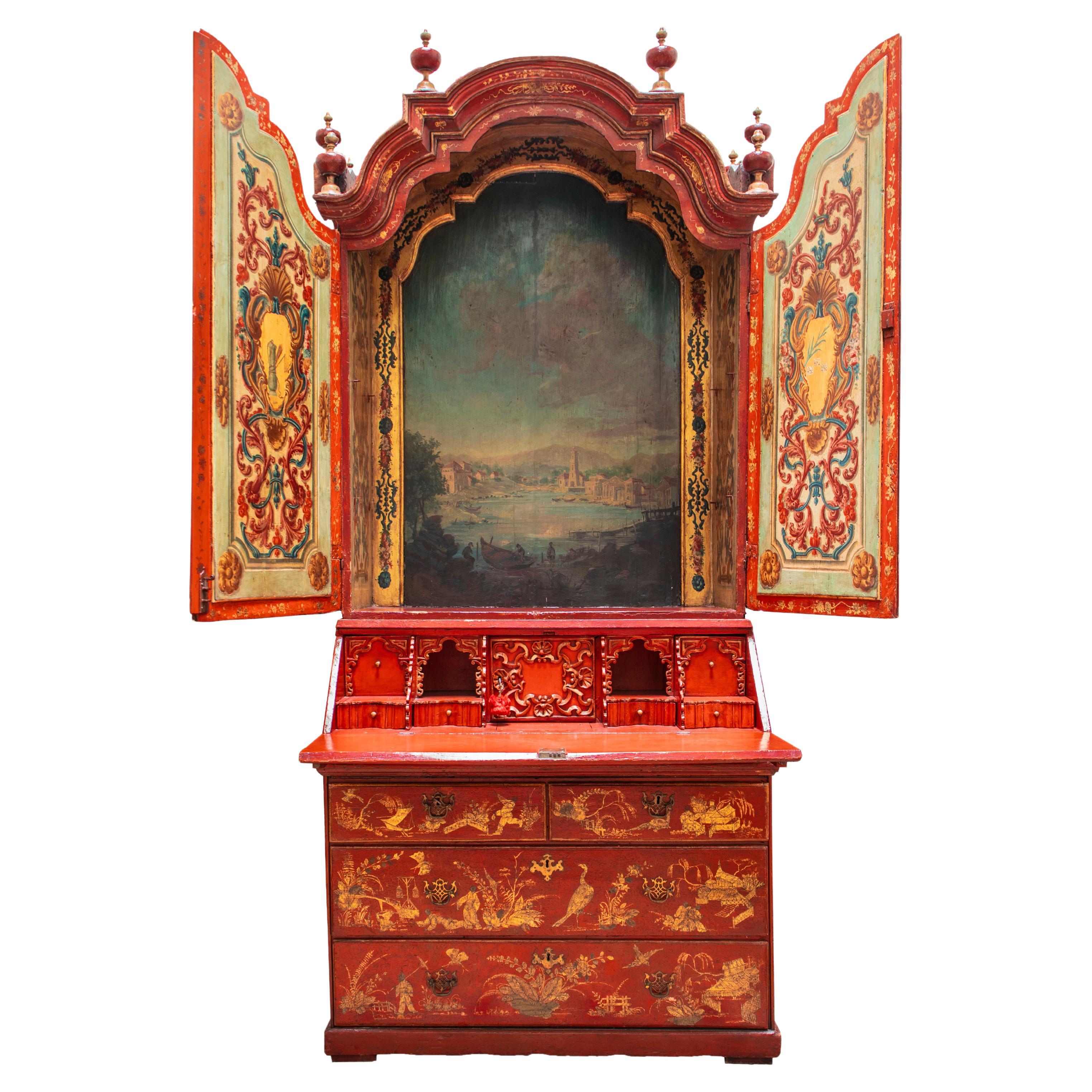 Large Red Jappaned Bureau Cabinet For Sale