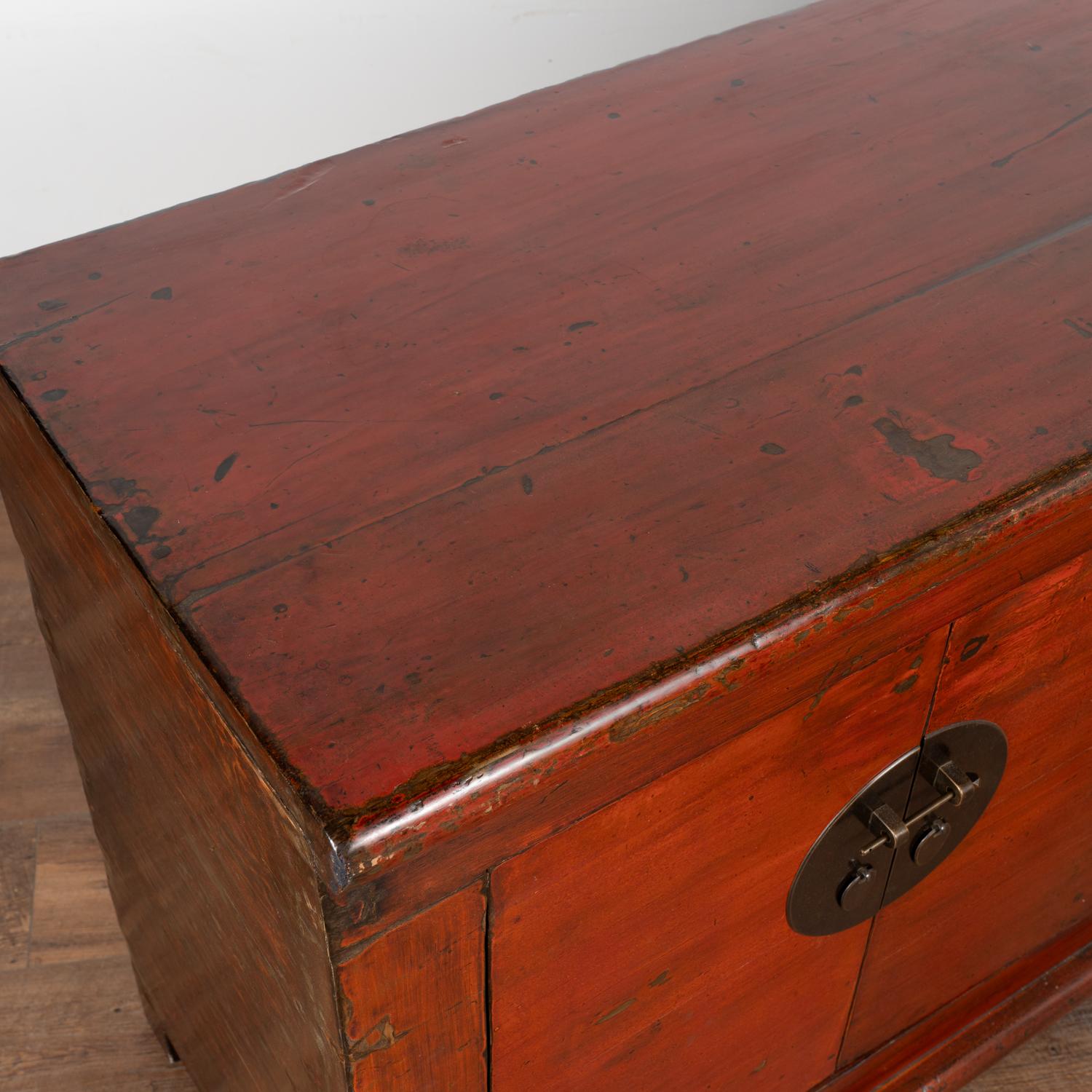 Elm Large Red Lacquer Chinese Sideboard Console, circa 1860-80