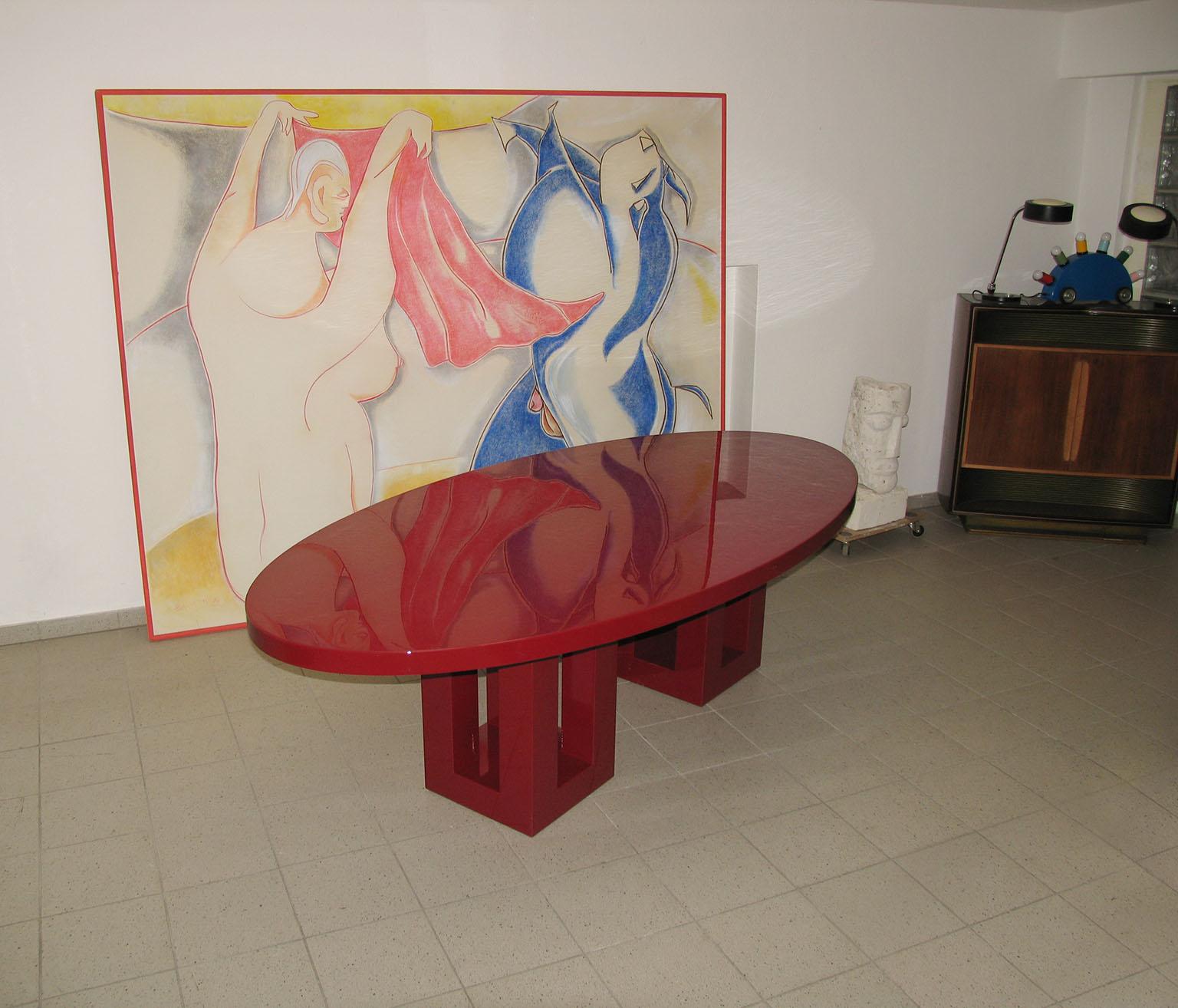 Modern Large Red Lacquer Oval Dinning Table. 8 Feet, Francois Champsaur, France 1990s For Sale