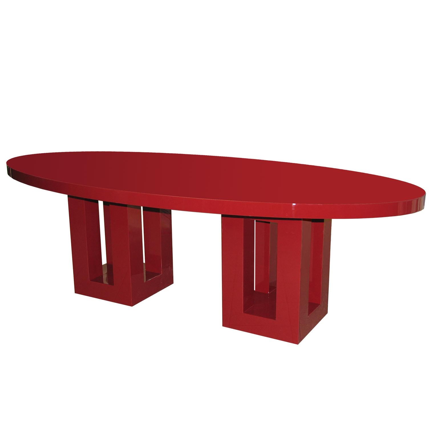 French Large Red Lacquer Oval Dinning Table. 8 Feet, Francois Champsaur, France 1990s For Sale