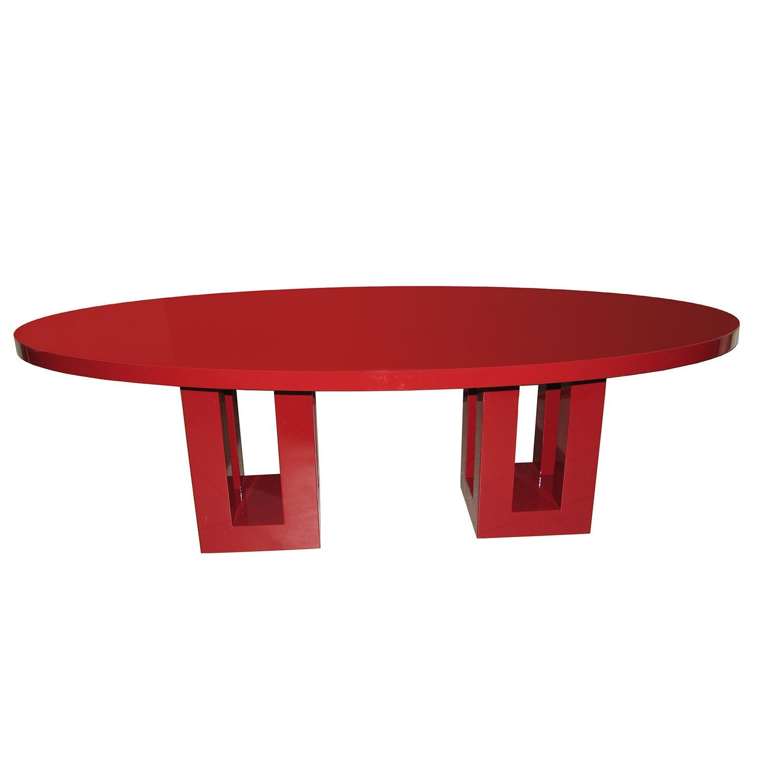 Lacquered Large Red Lacquer Oval Dinning Table. 8 Feet, Francois Champsaur, France 1990s For Sale
