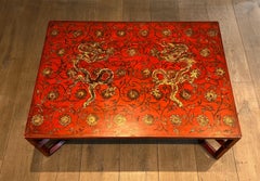 Large Red Lacquered Coffee Table with Gold Chinese Decorations