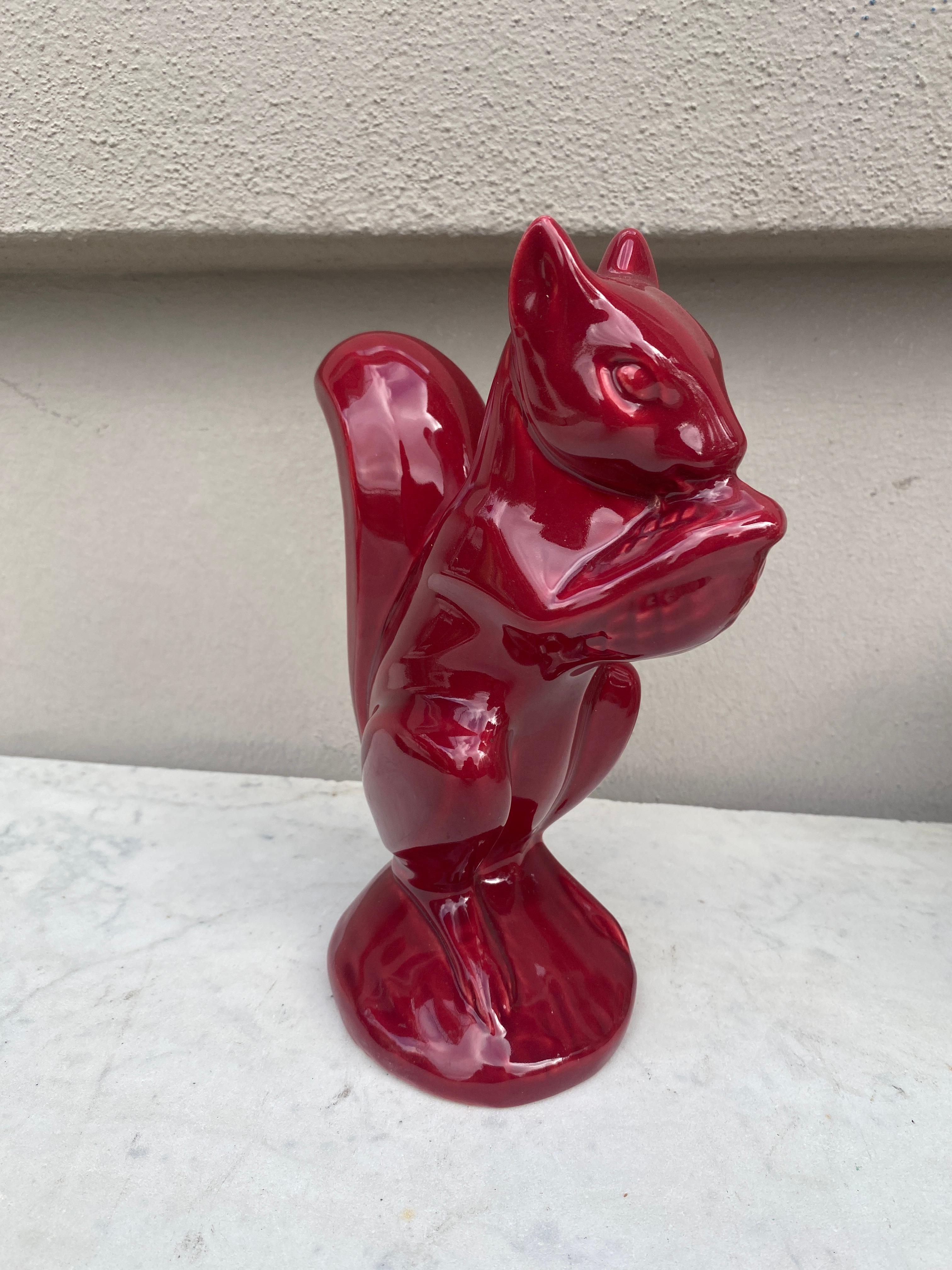 Mid-Century Modern Large Red Majolica Money Bank Squirrel Circa 1950 For Sale