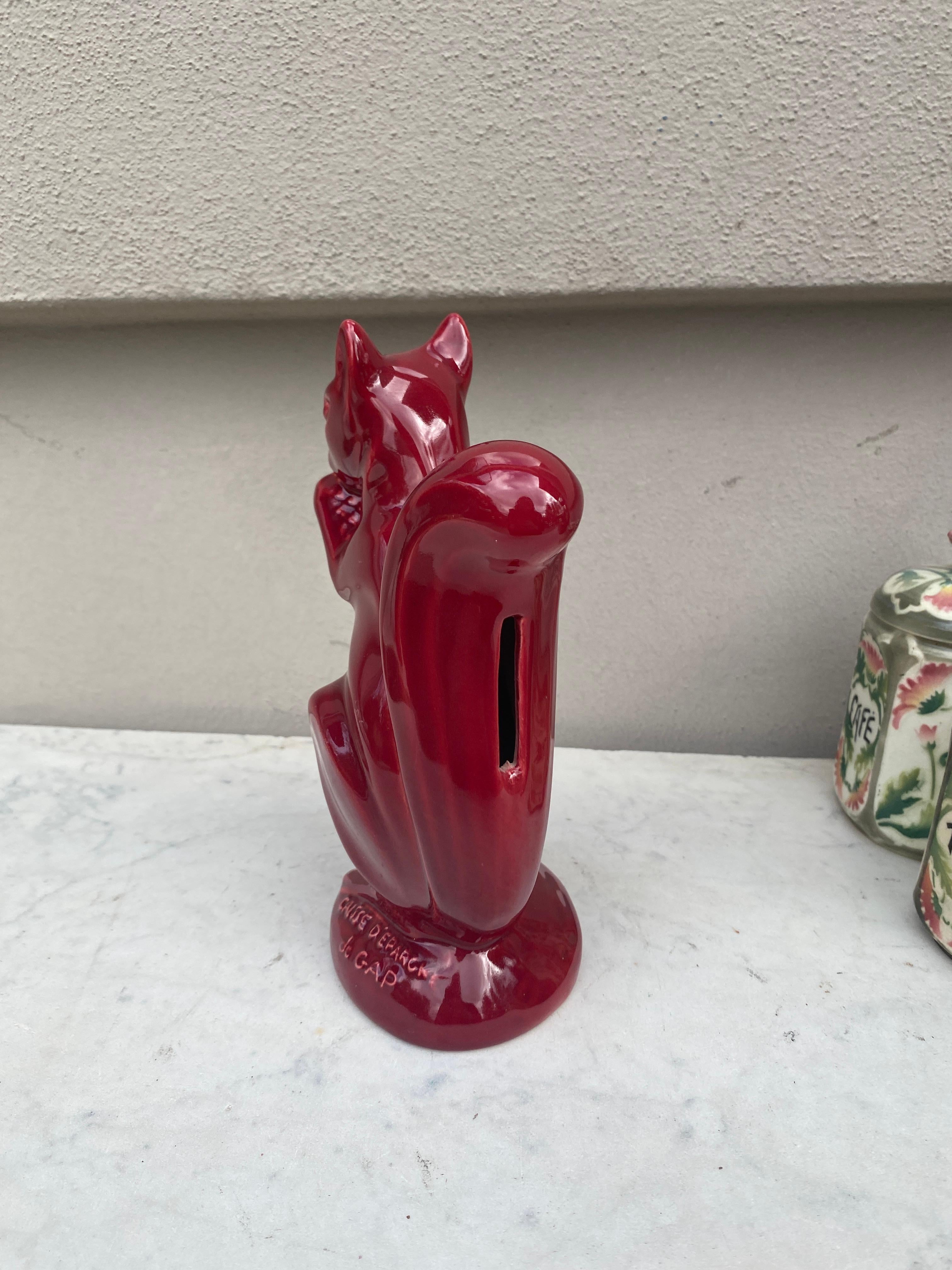 Large Red Majolica Money Bank Squirrel Circa 1950 In Good Condition For Sale In Austin, TX