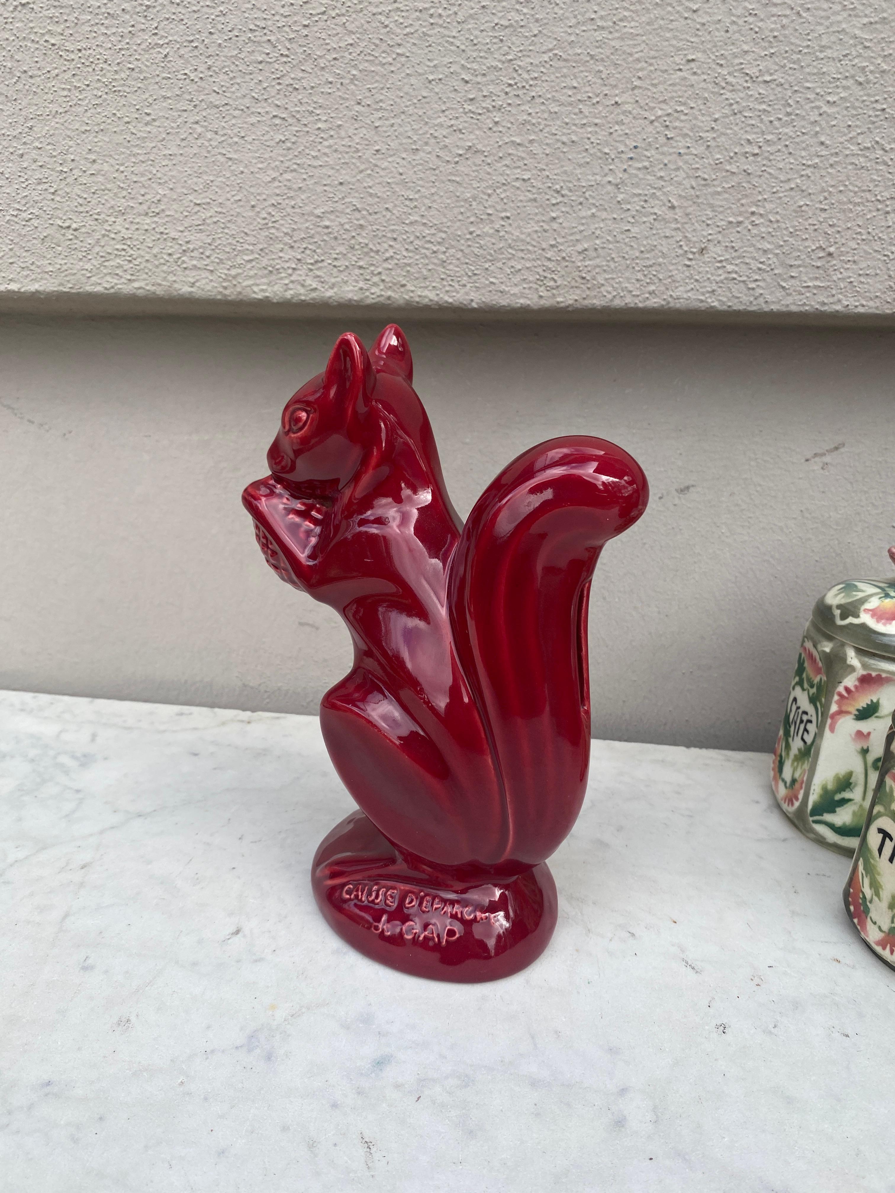 Mid-20th Century Large Red Majolica Money Bank Squirrel Circa 1950 For Sale