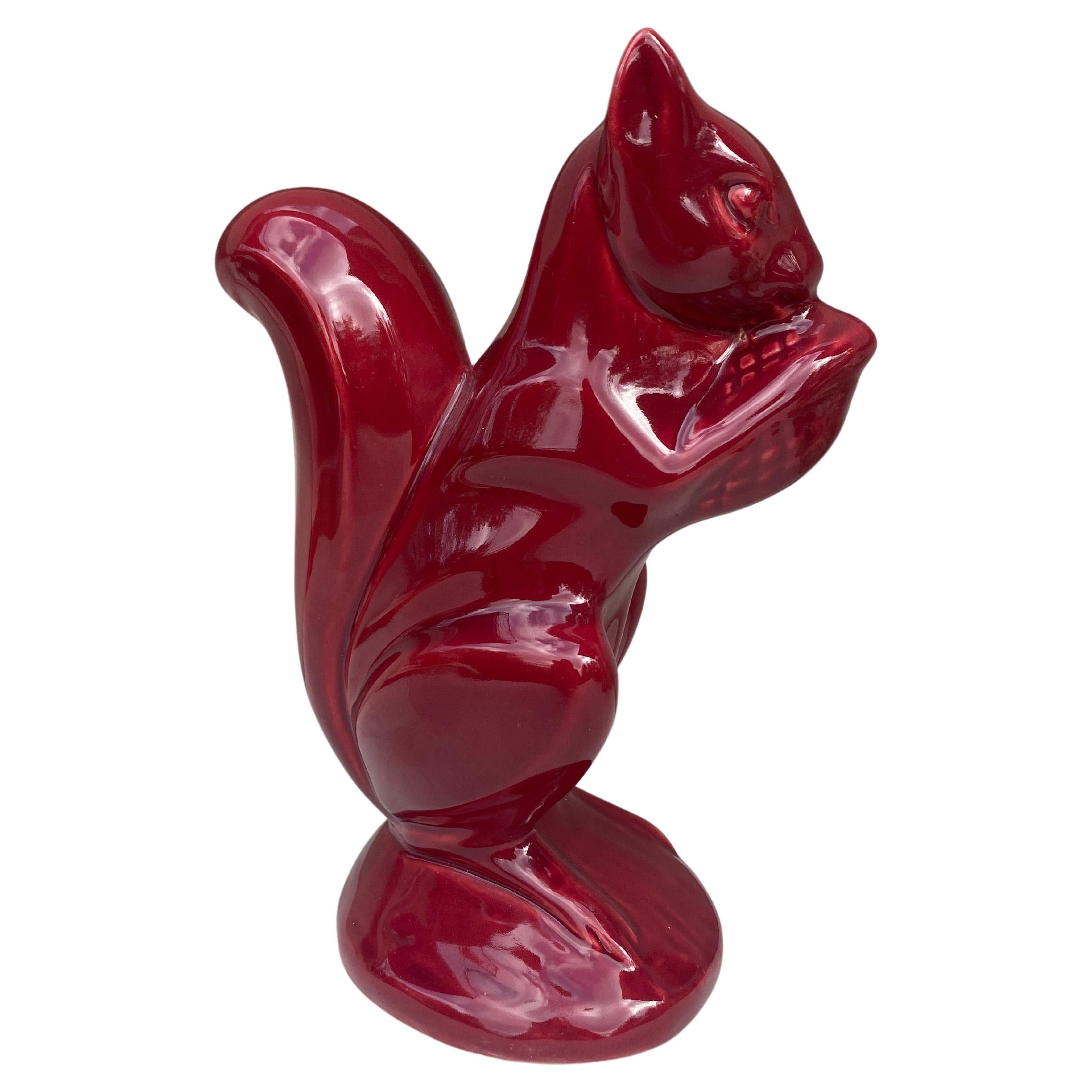 Large Red Majolica Money Bank Squirrel Circa 1950 For Sale